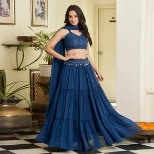 Blue Embroidered Georgette Lehenga Choli