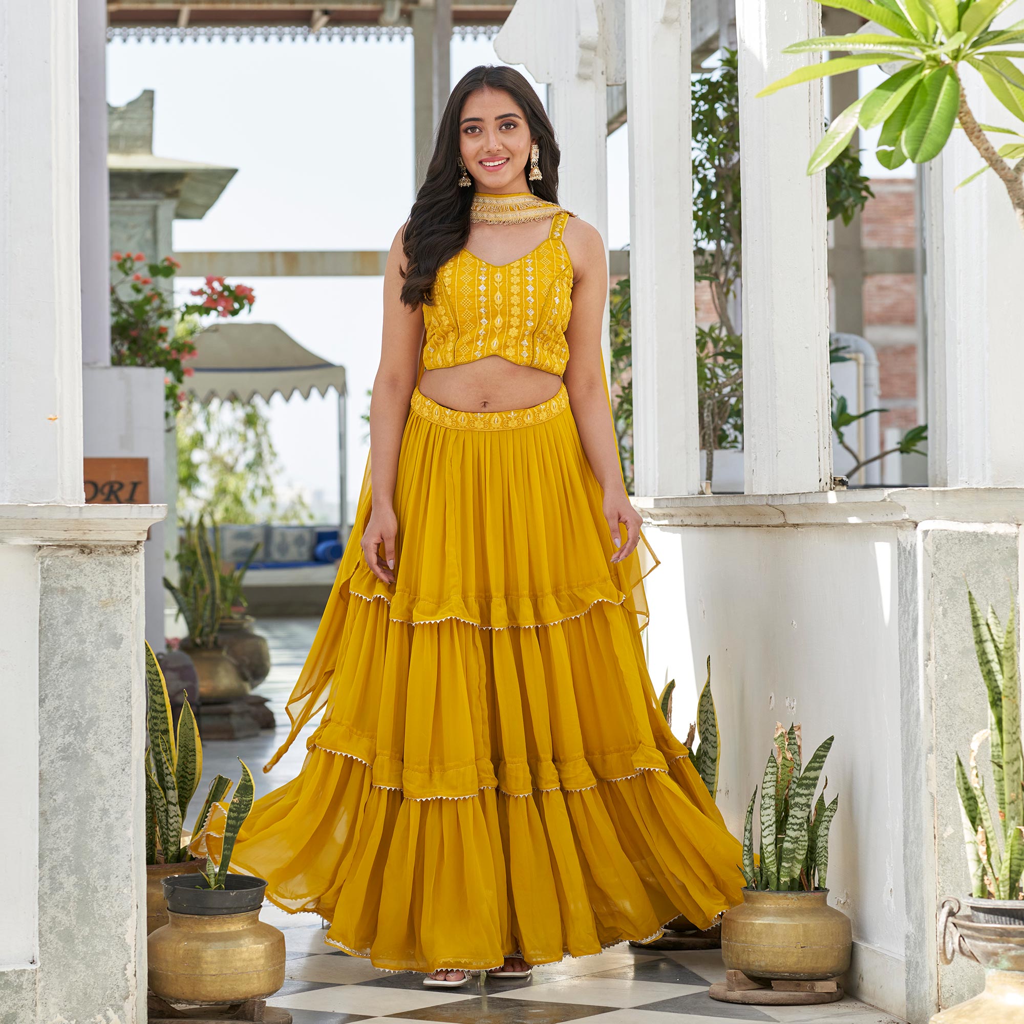 Yellow Embroidered Georgette Lehenga Choli