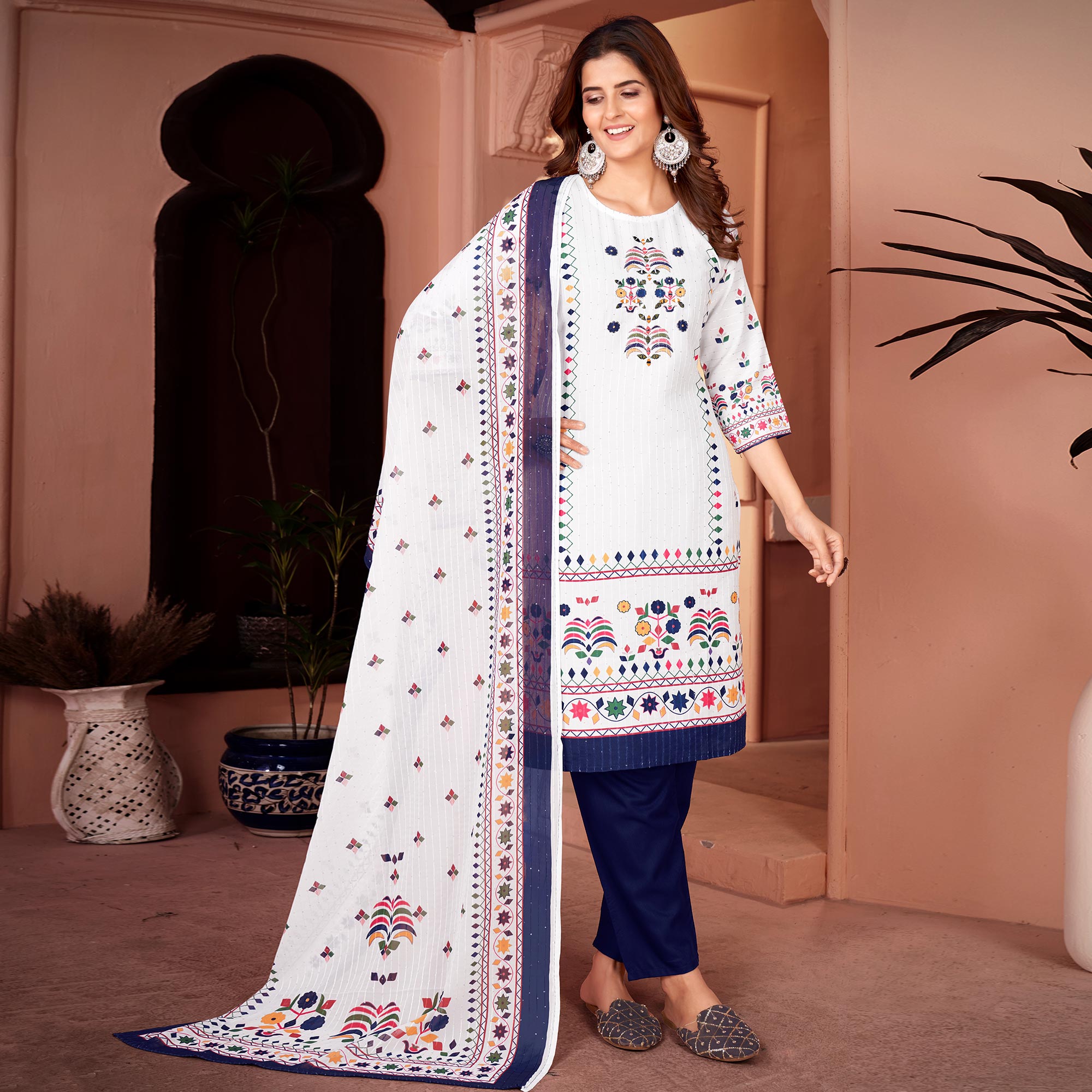 White & Blue Embroidered With Printed Rayon Salwar Suit