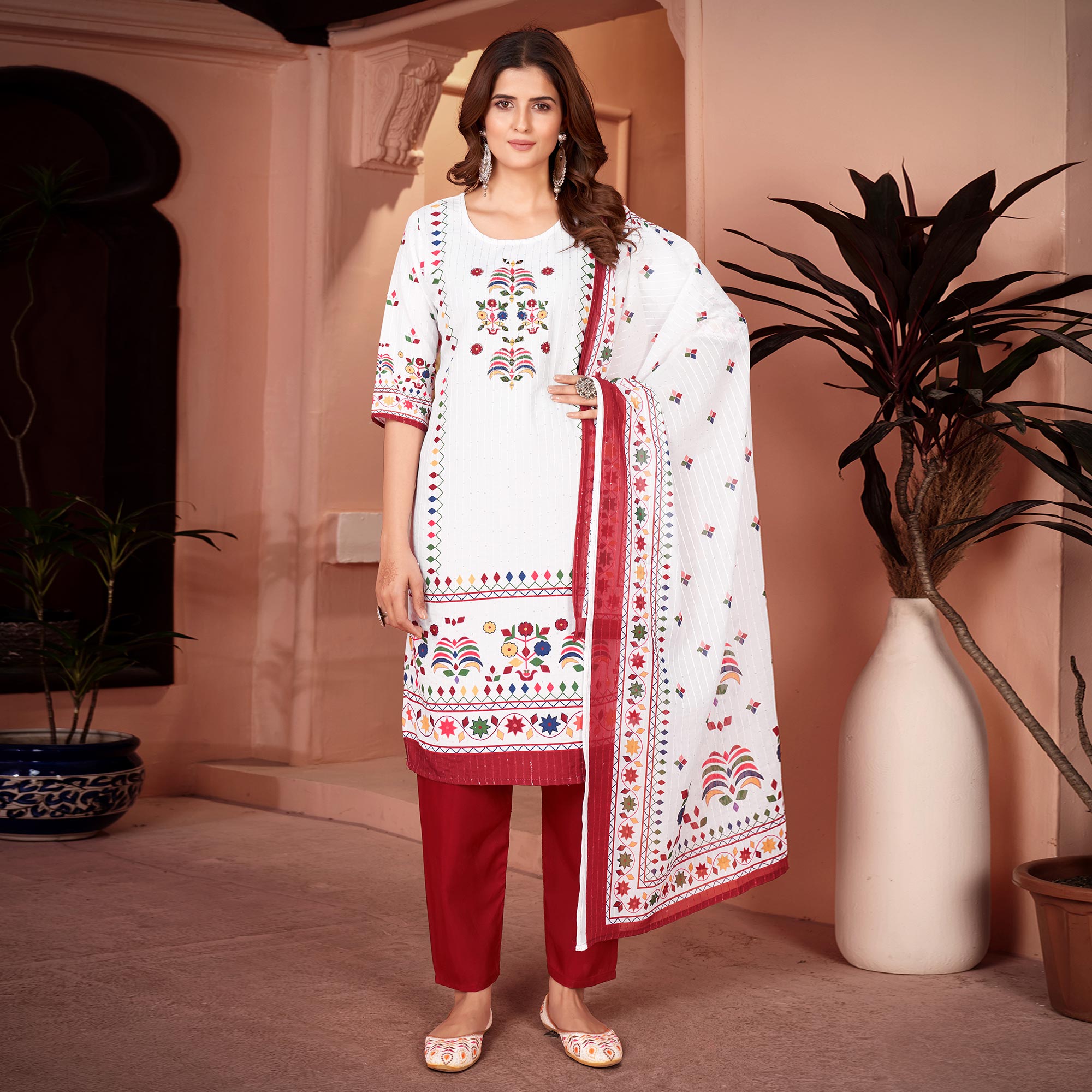 White & Maroon Embroidered With Printed Rayon Salwar Suit