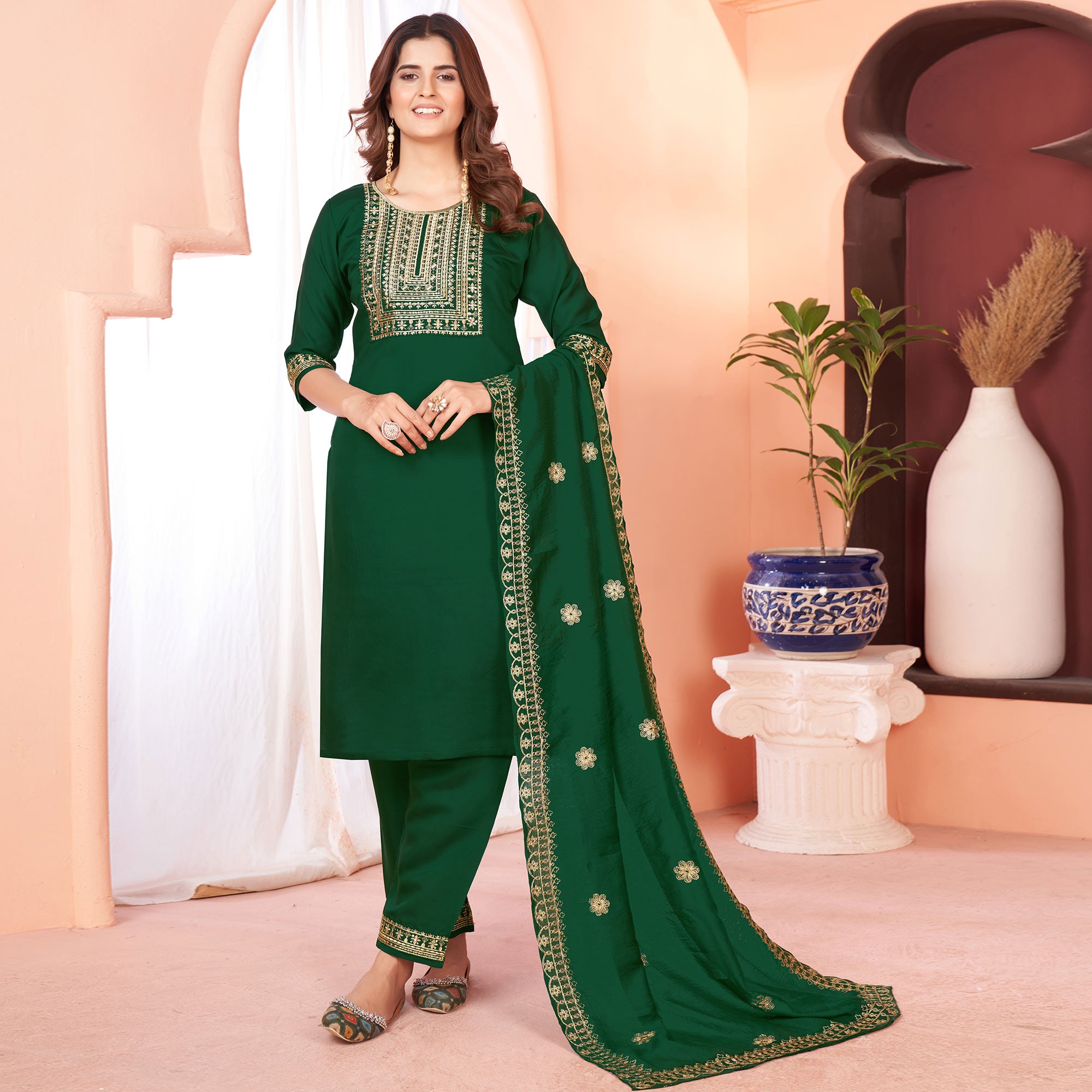 Green Sequins Embroidered Viscose Salwar Suit