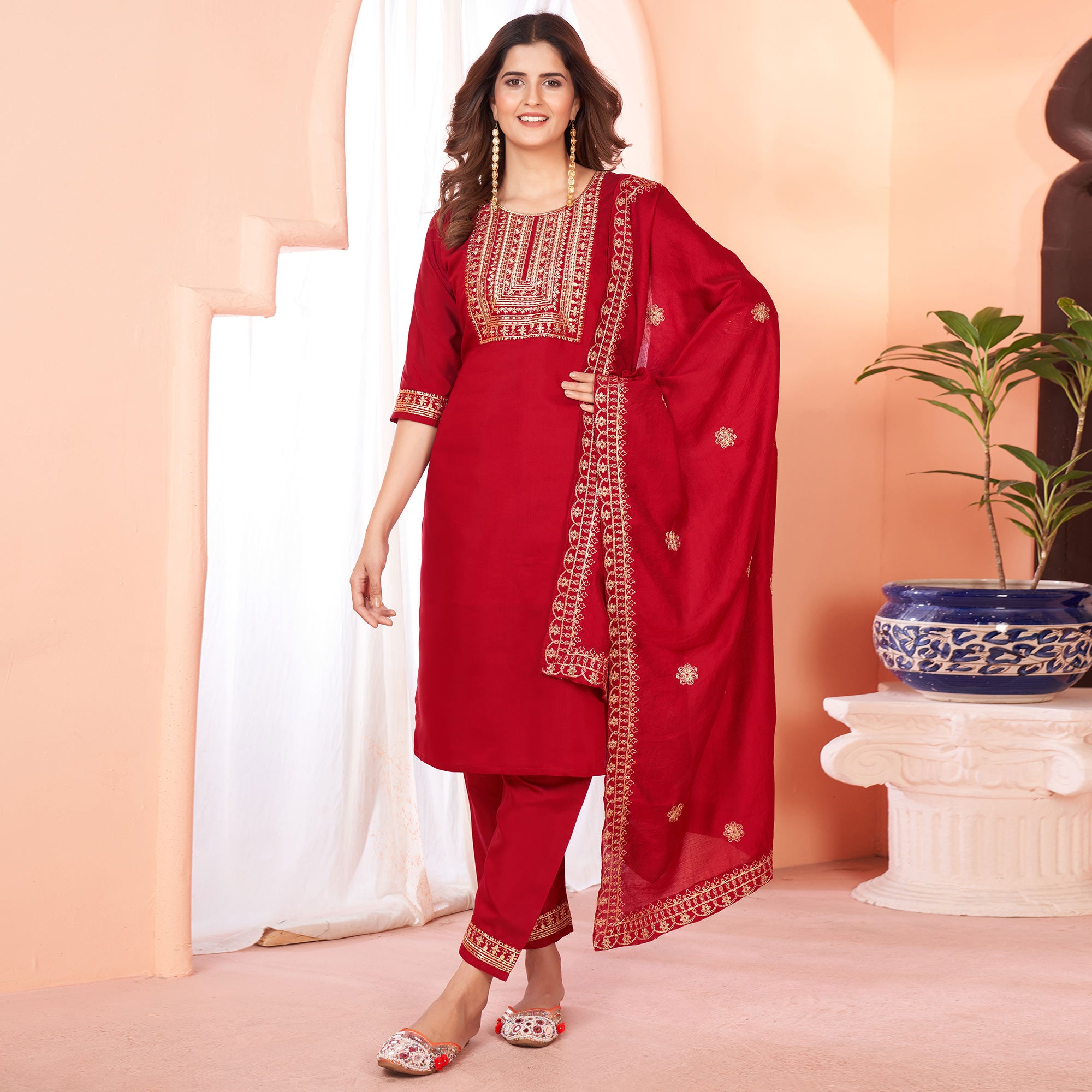 Maroon Sequins Embroidered Viscose Salwar Suit