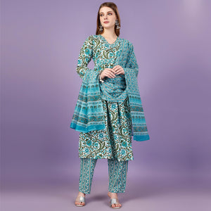 Blue Floral Printed Viscose Naira Cut Suit