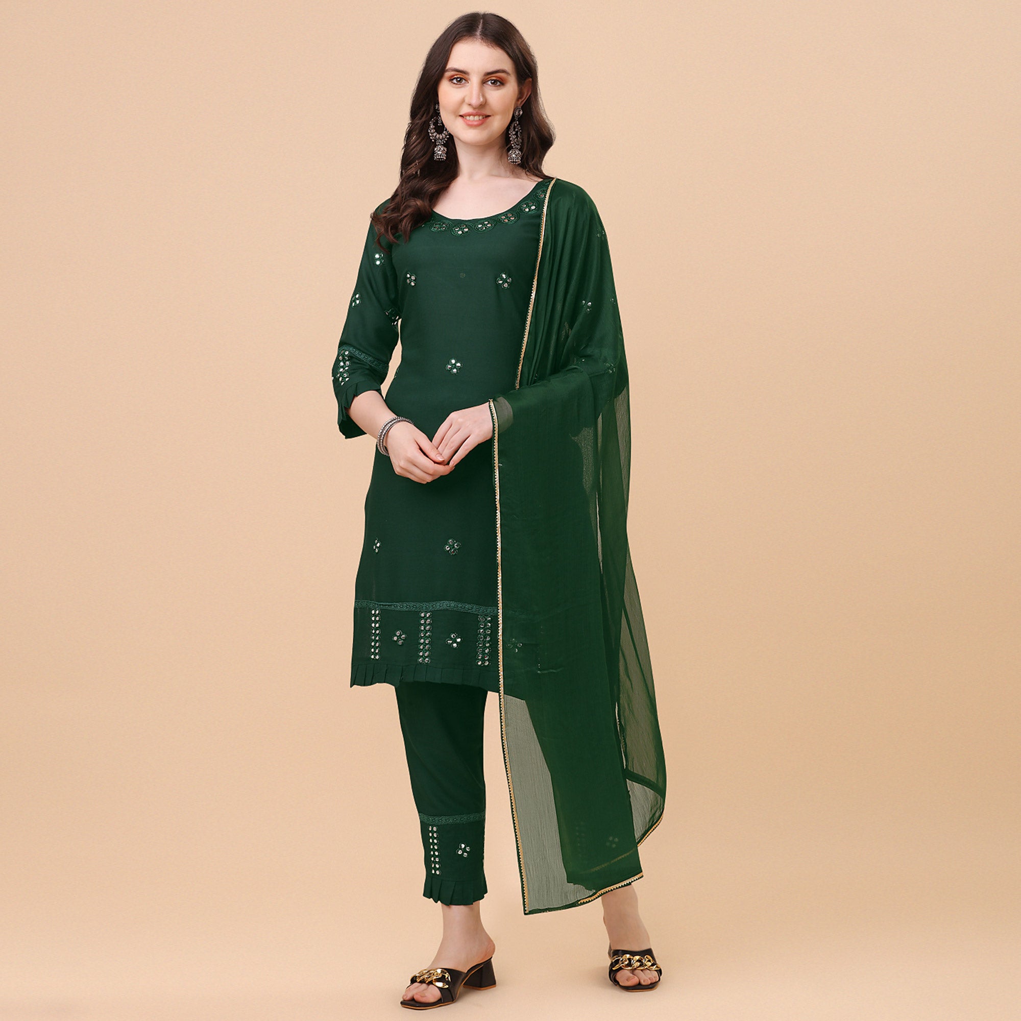 Green Embroidered Rayon Salwar Suit