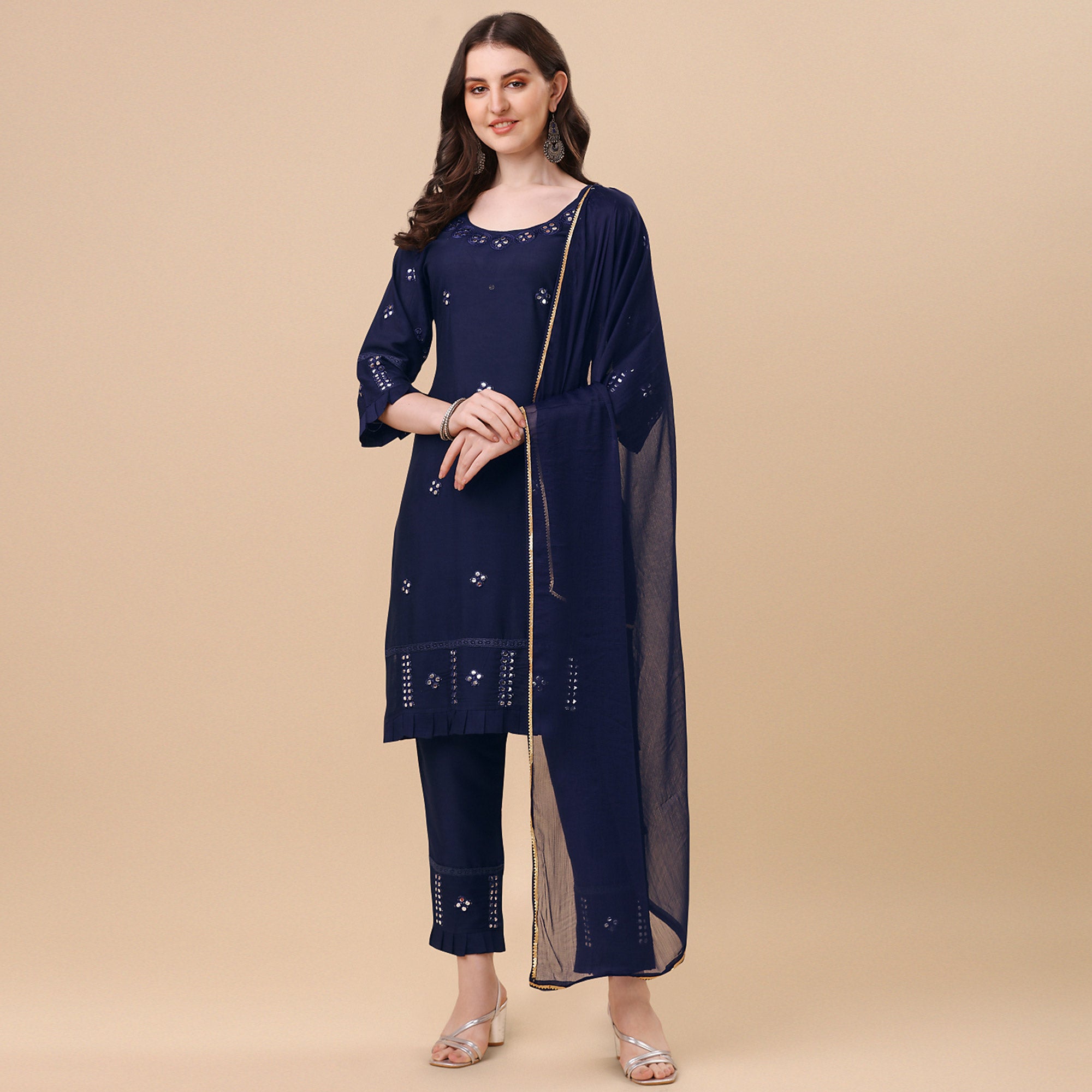 Navy Blue Embroidered Rayon Salwar Suit