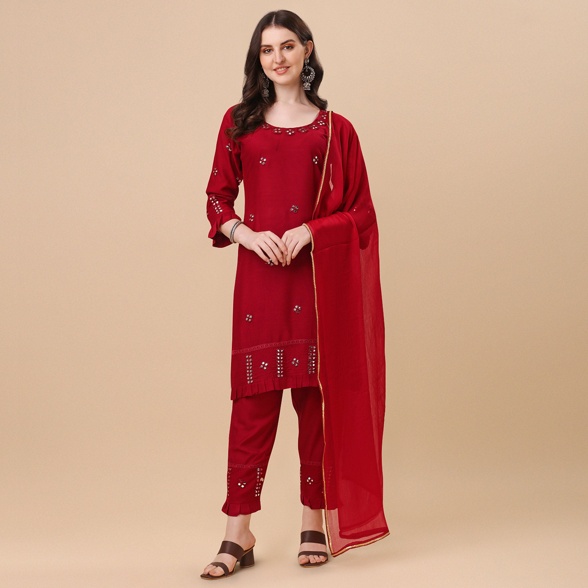 Red Embroidered Rayon Salwar Suit