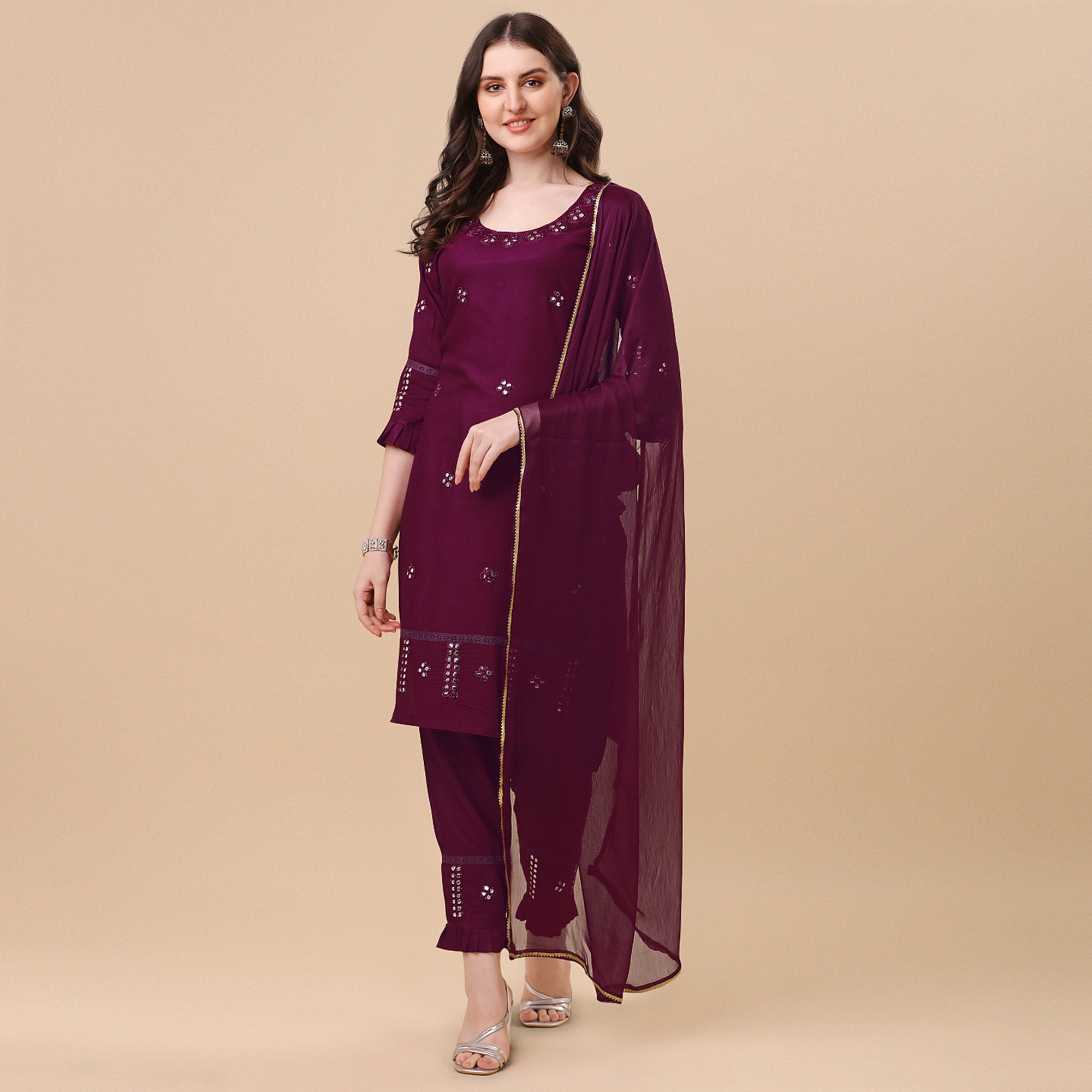 Wine Embroidered Rayon Salwar Suit