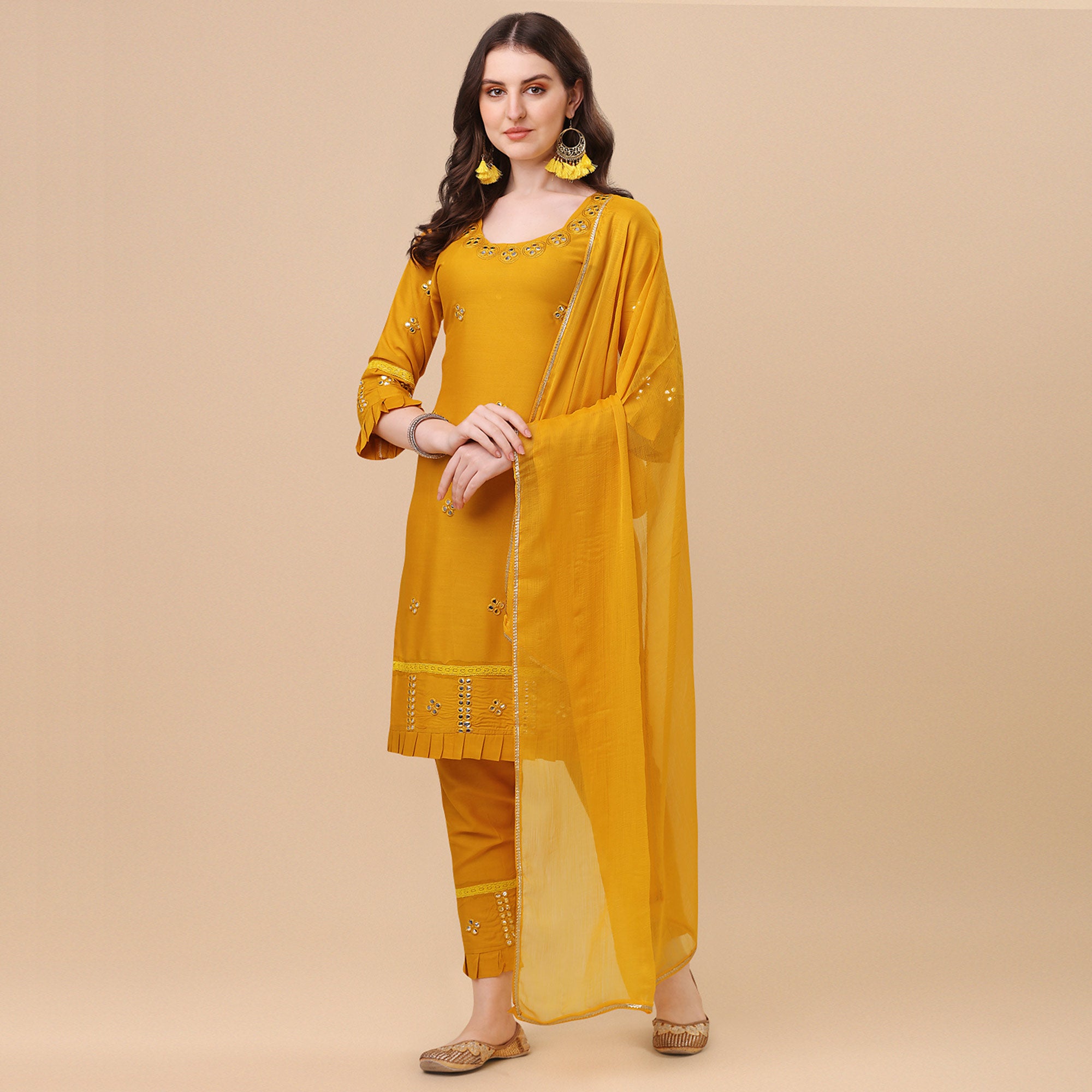 Yellow Embroidered Rayon Salwar Suit