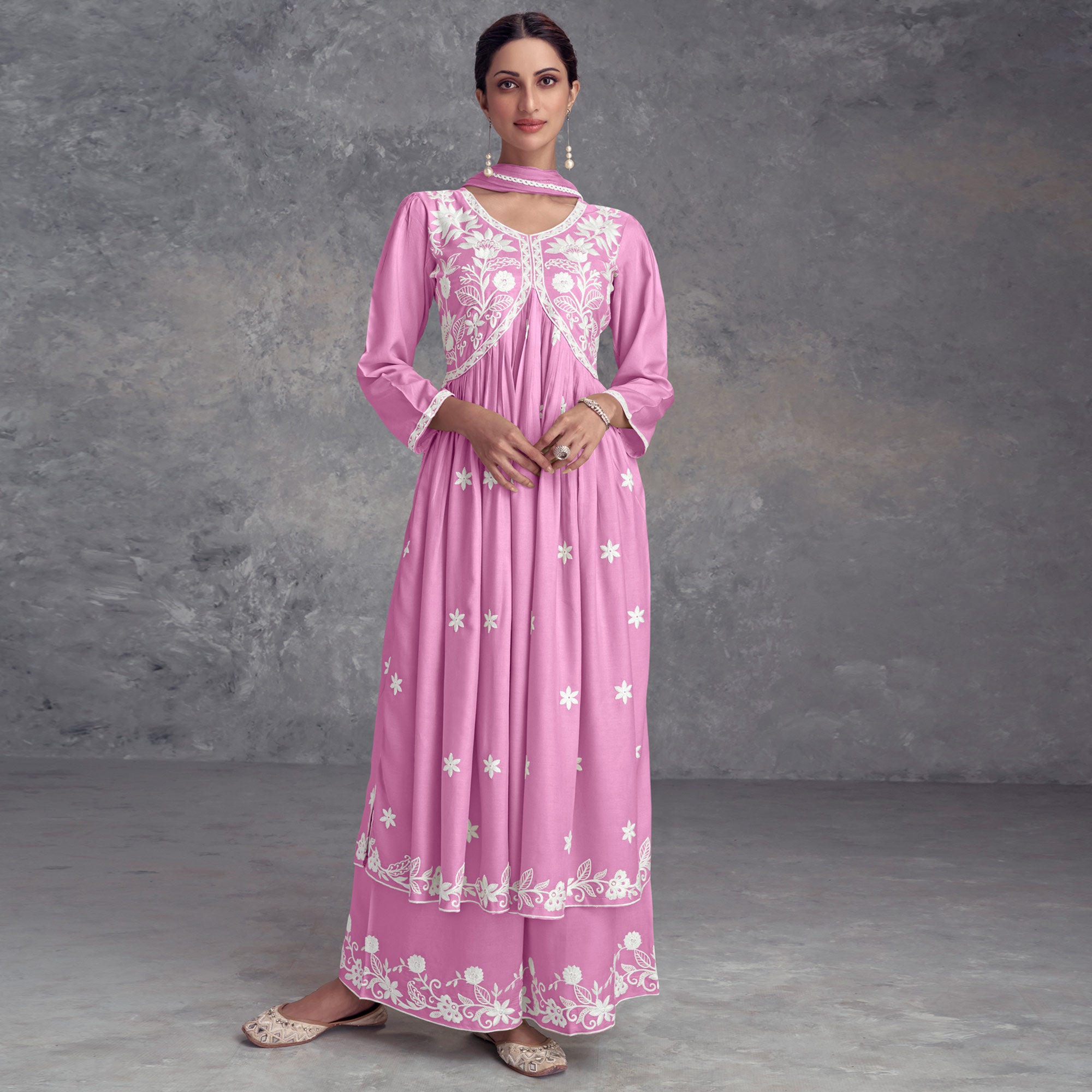 Pink Floral Embroidered Rayon Salwar Suit