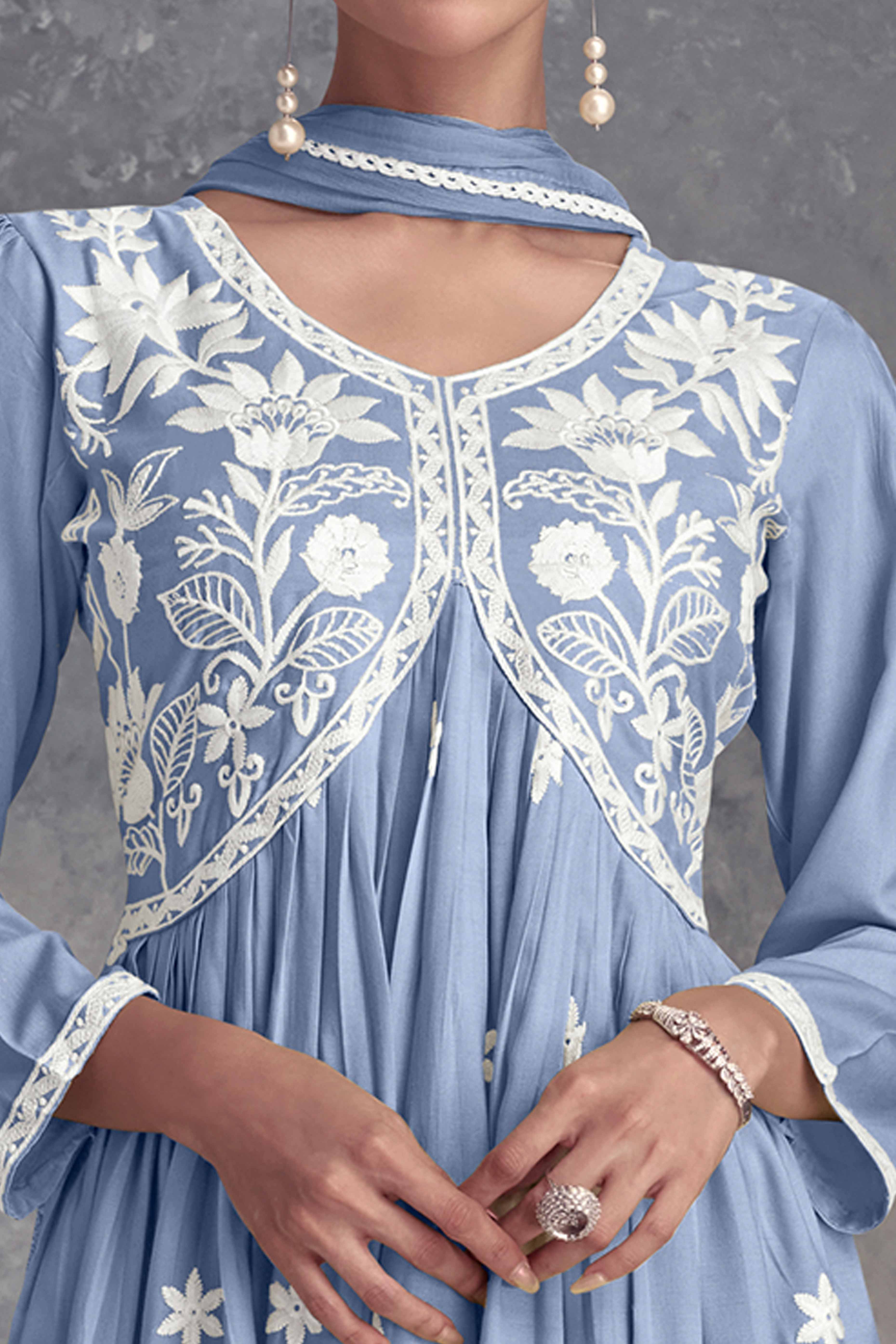 Sky Blue Rayon Salwar Suit Featuring Beautiful Floral Embroidery