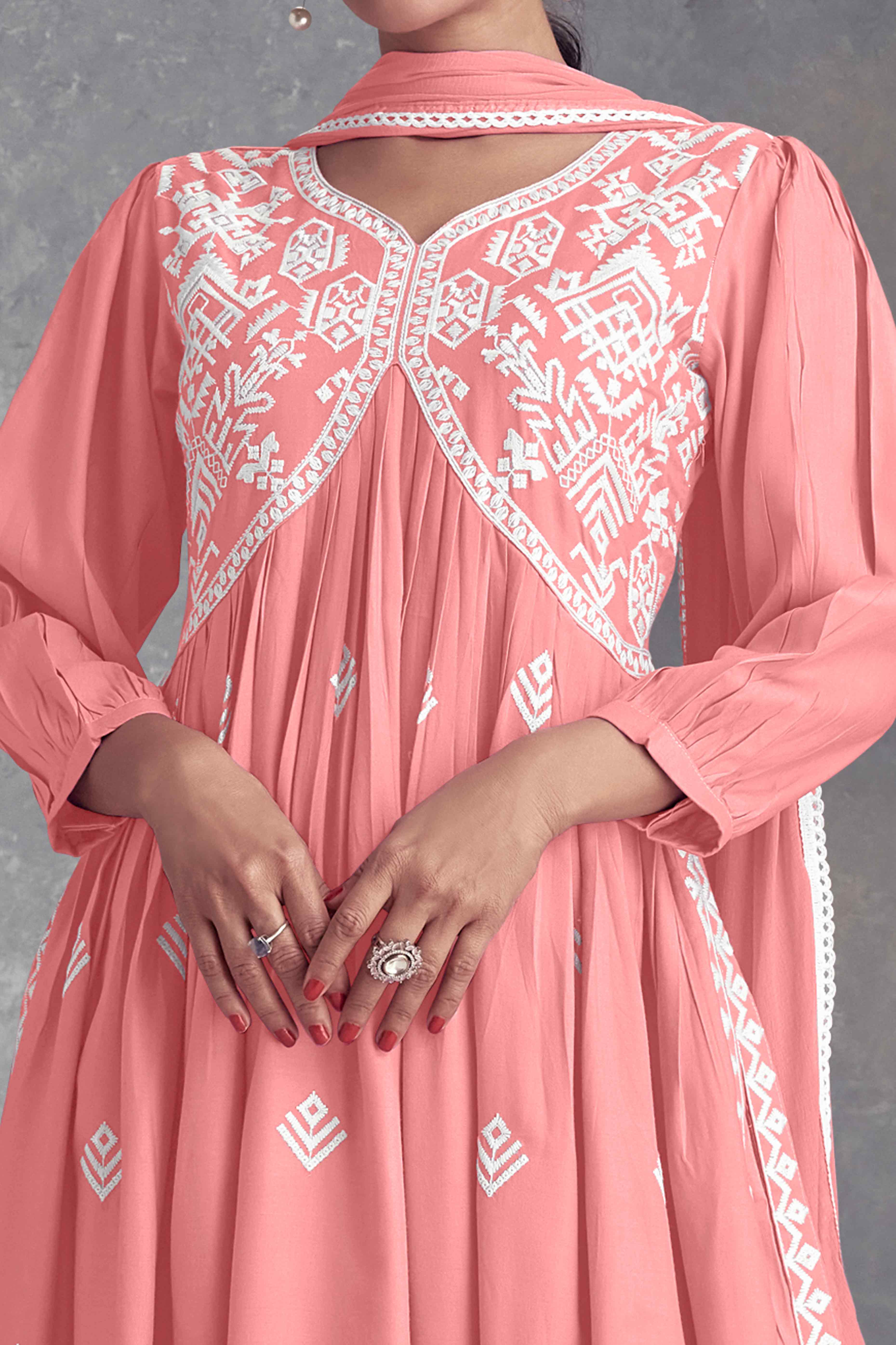 Peach Floral Embroidered Rayon Salwar Suit