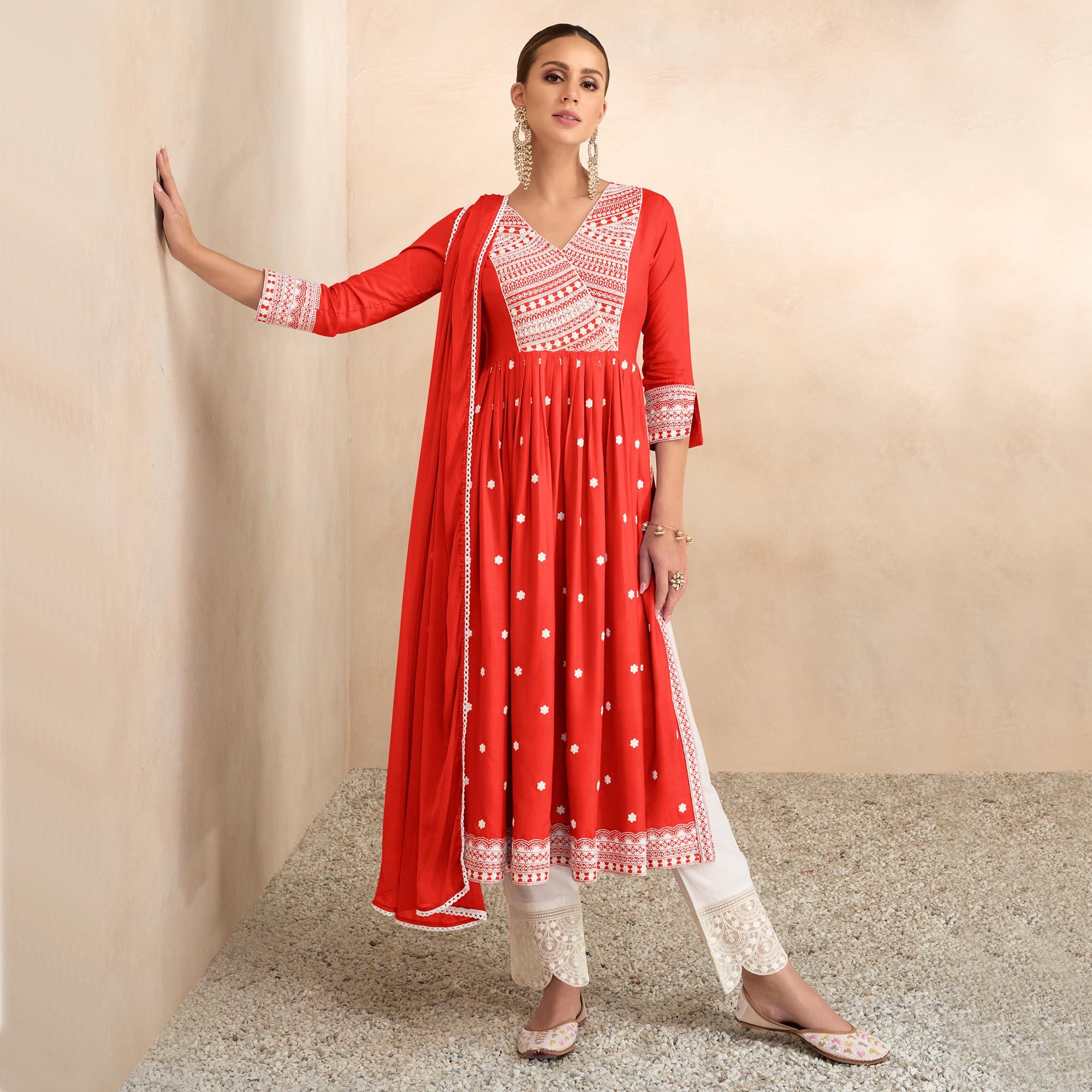 Red Lucknowi Work Rayon Naira Cut Suit