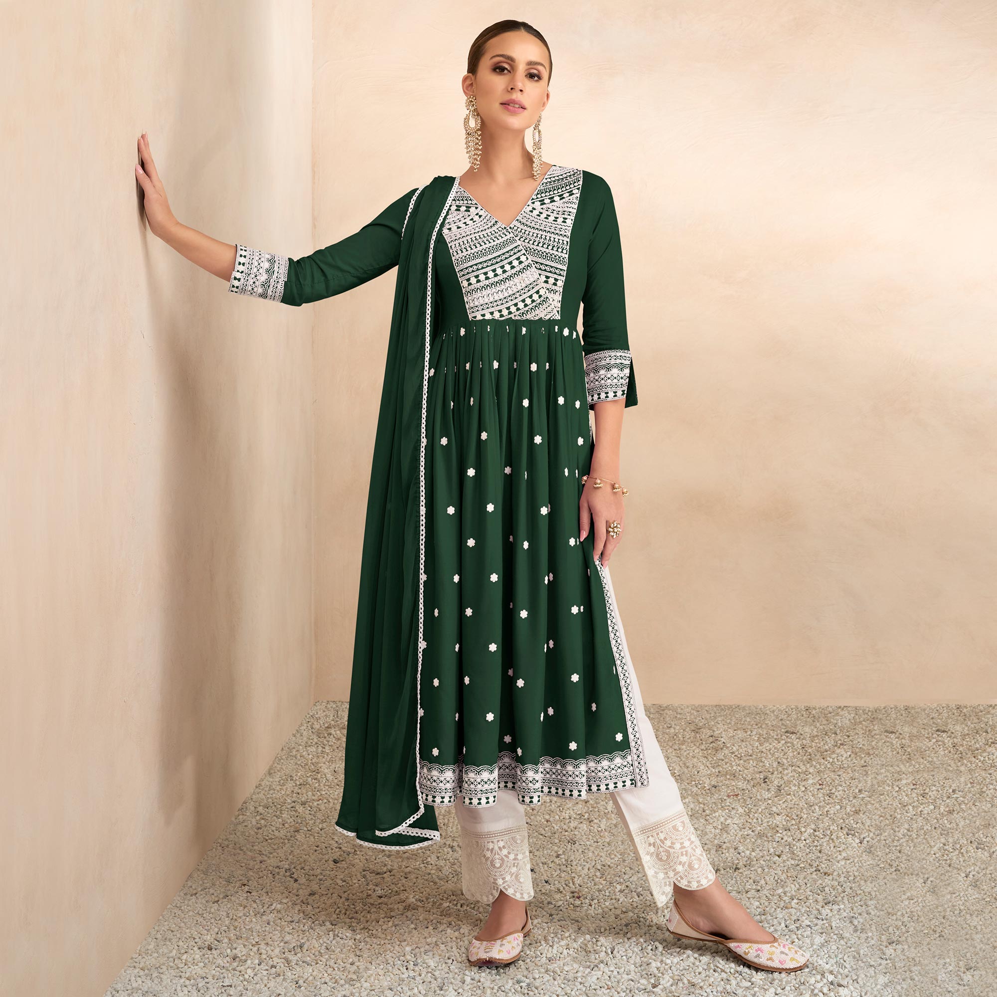 Green Lucknowi Work Rayon Naira Cut Suit