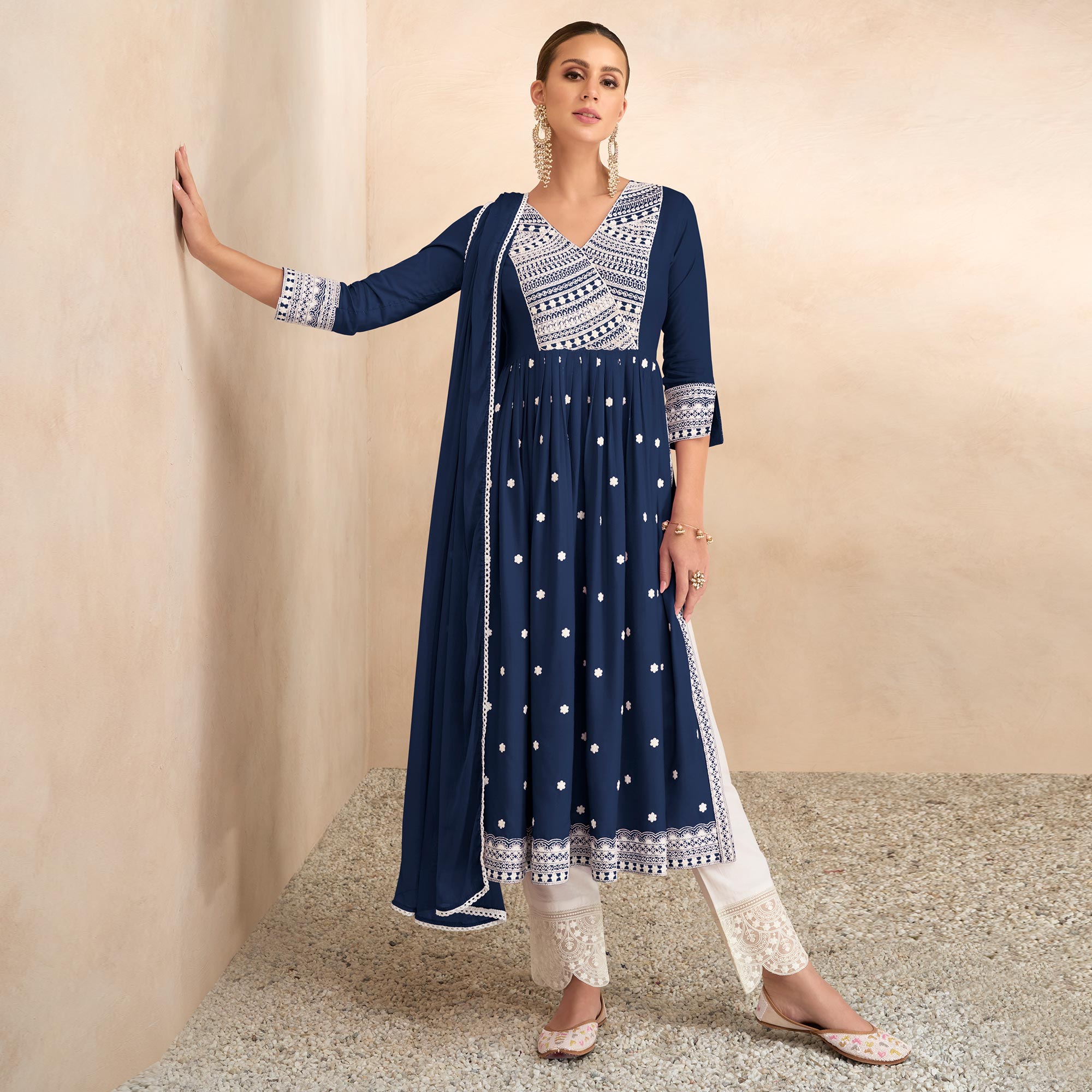 Blue Lucknowi Work Rayon Naira Cut Suit