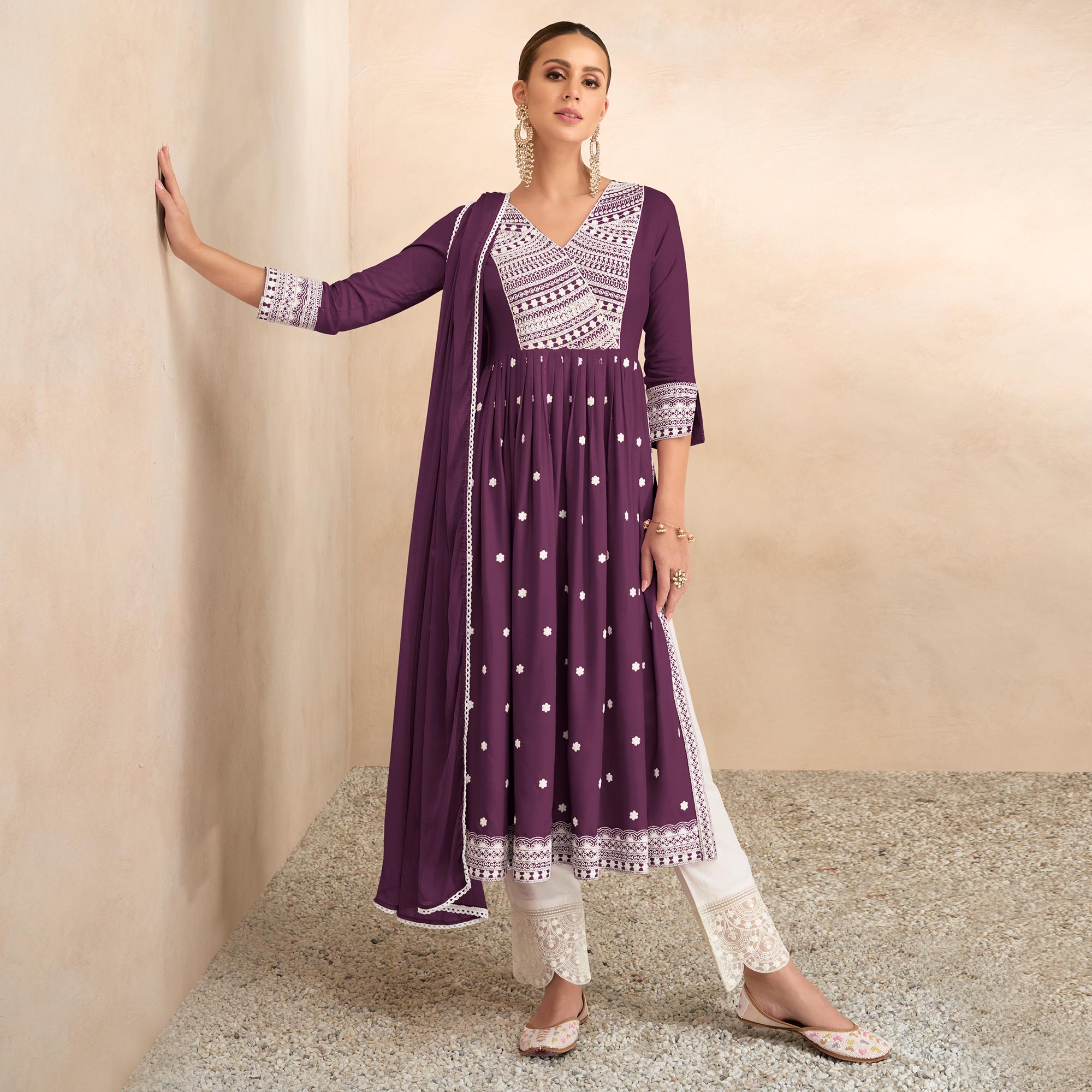 Wine Lucknowi Work Rayon Naira Cut Suit