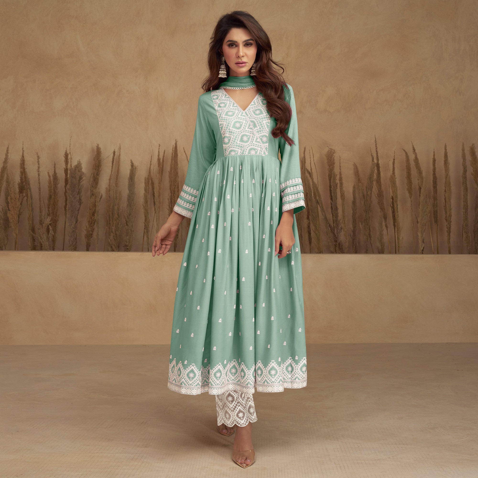 Sea Green Lucknowi Embroidered Rayon Naira Cut Suit