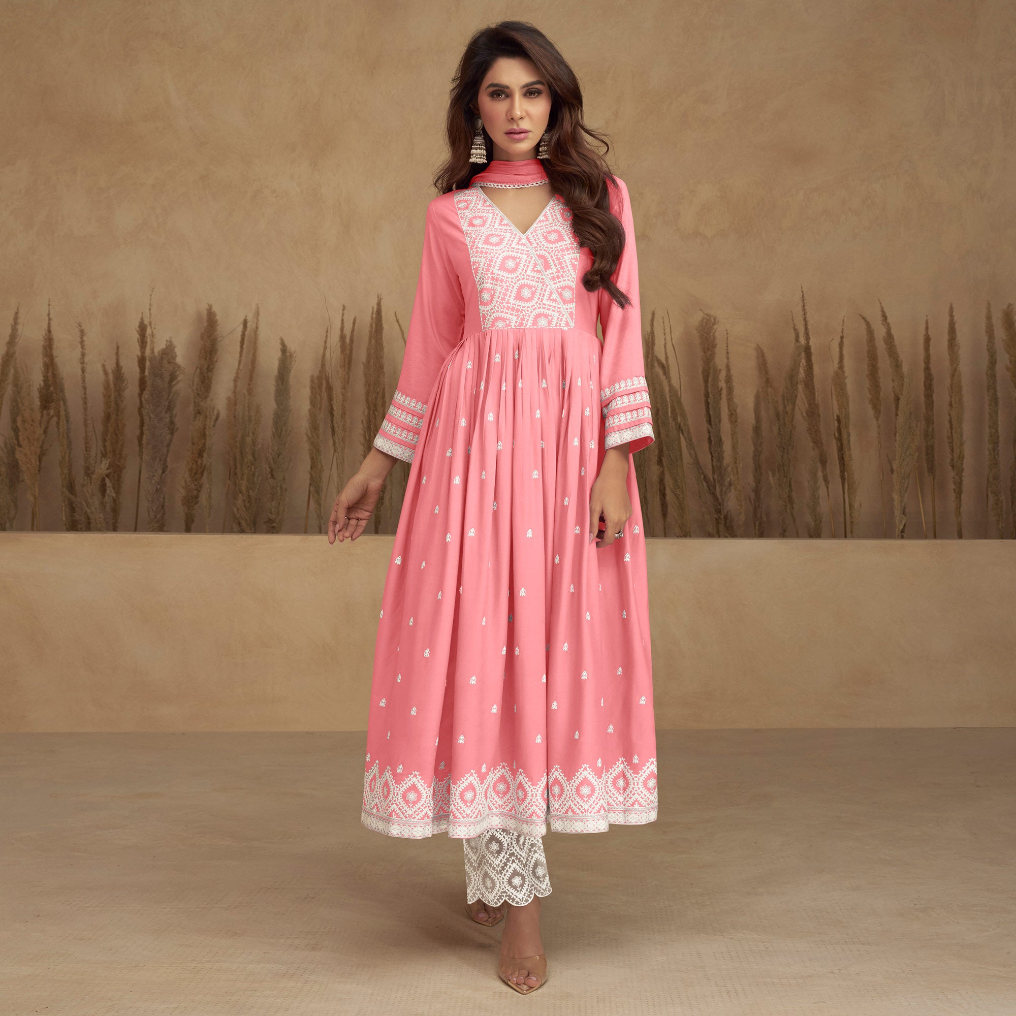 Pink Lucknowi Embroidered Rayon Naira Cut Suit