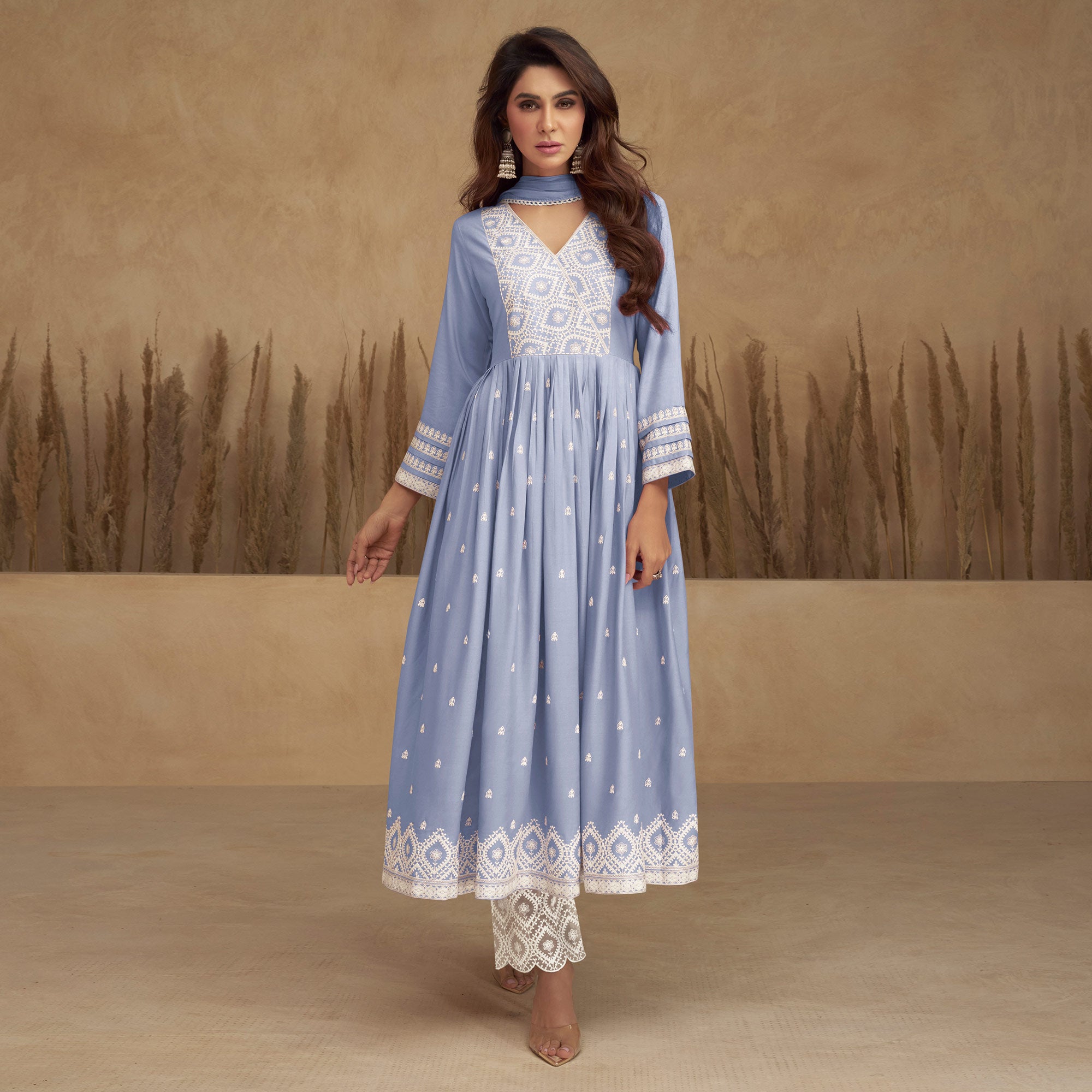 Blue Lucknowi Embroidered Rayon Naira Cut Suit