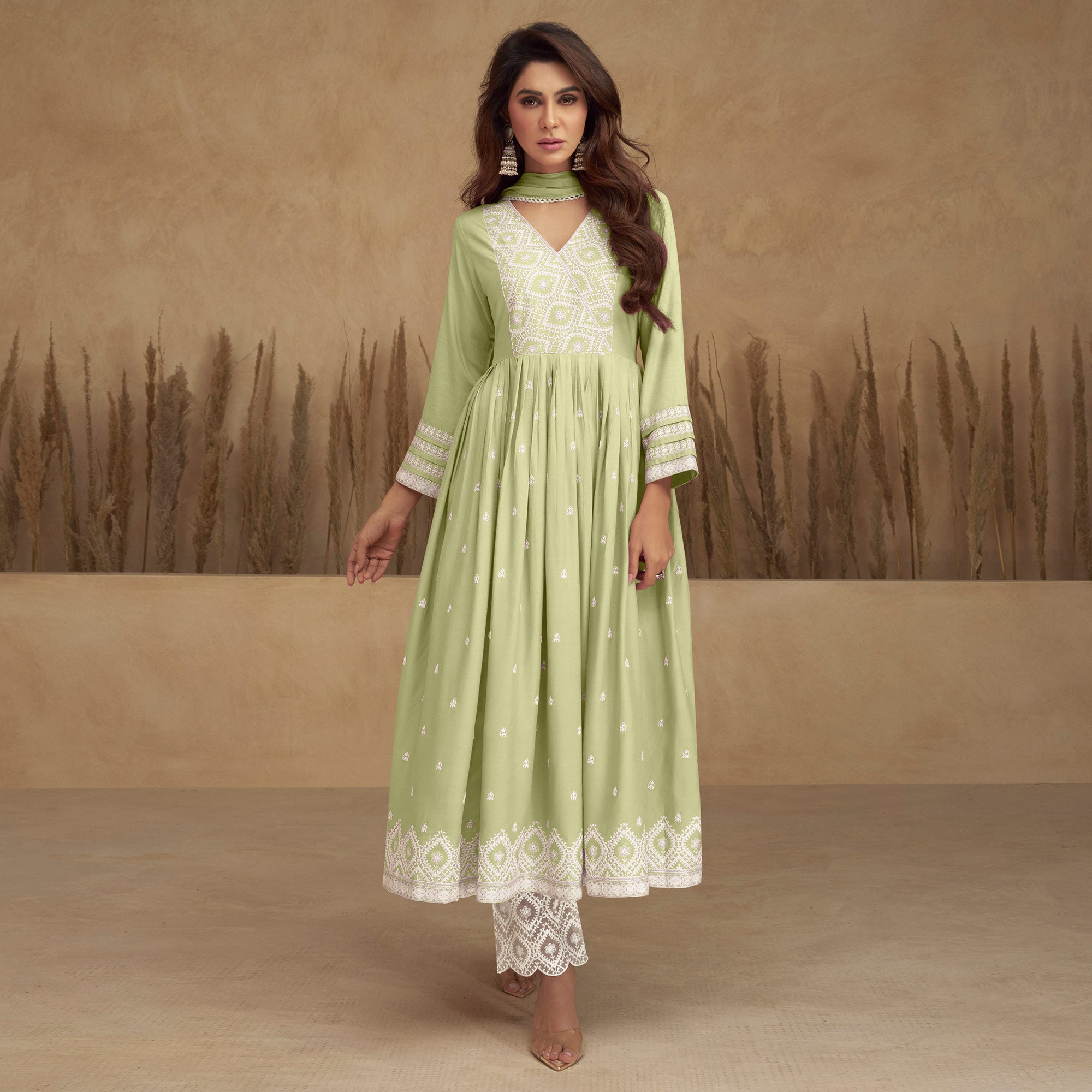 Green Lucknowi Embroidered Rayon Naira Cut Suit