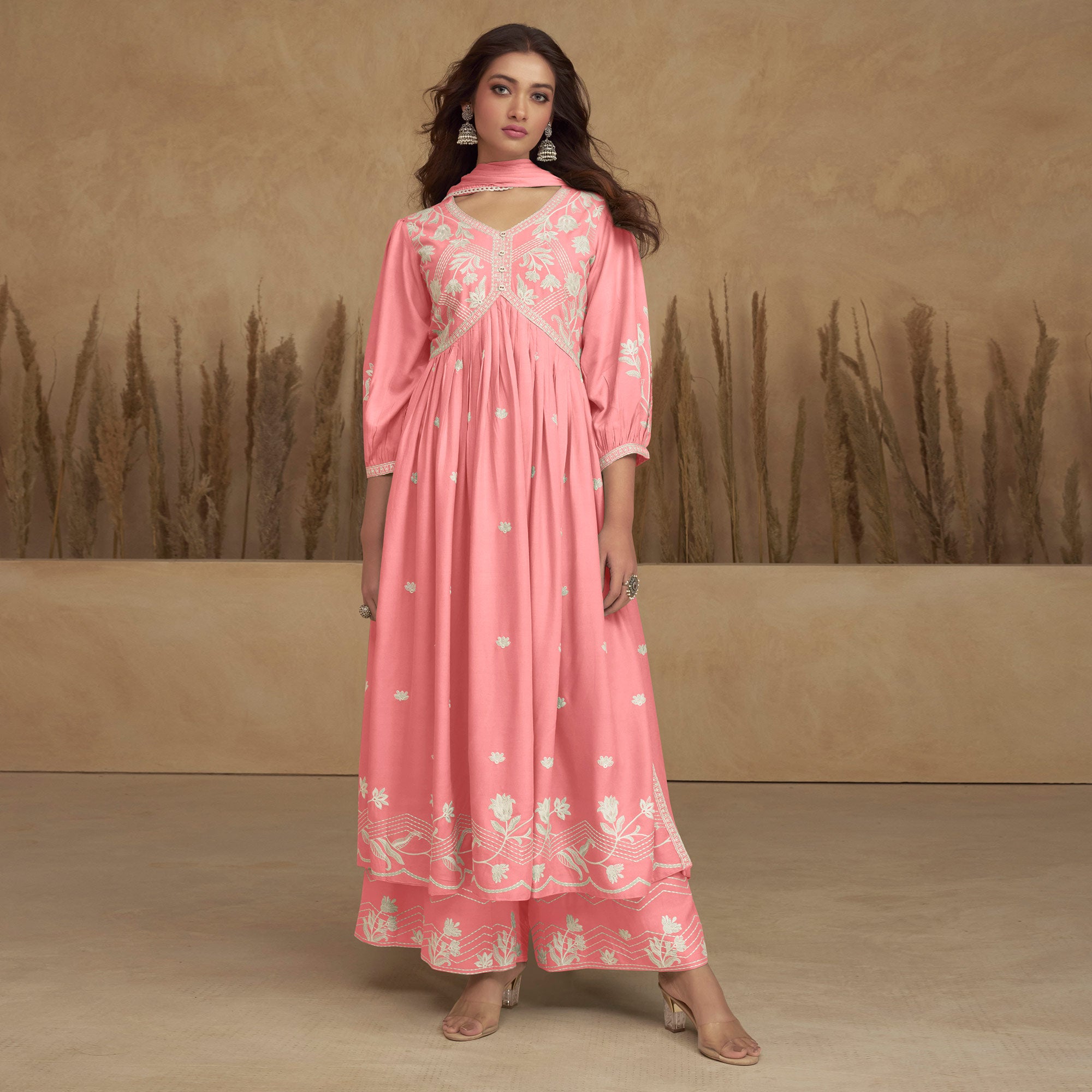 Pink Lucknowi Embroidered Rayon Alia Cut Suit