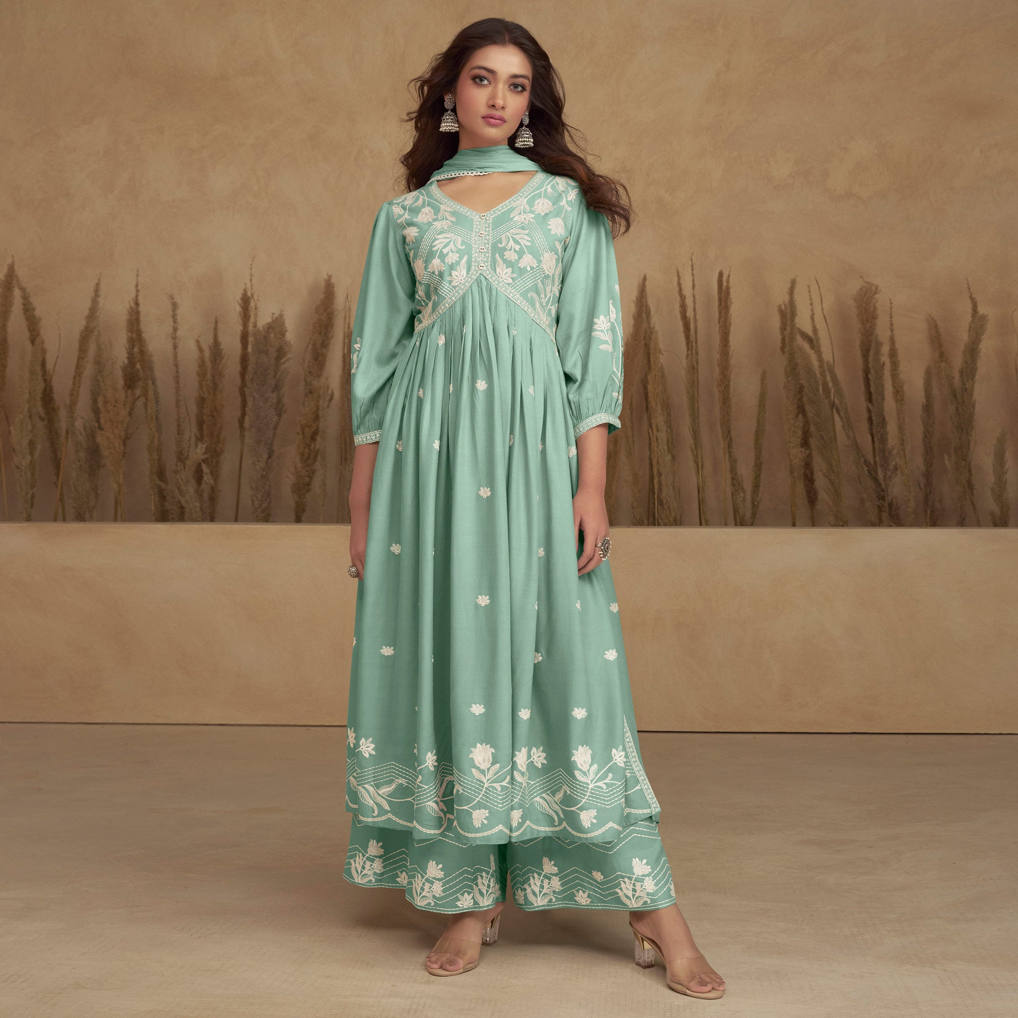 Turquoise Lucknowi Embroidered Rayon Alia Cut Suit