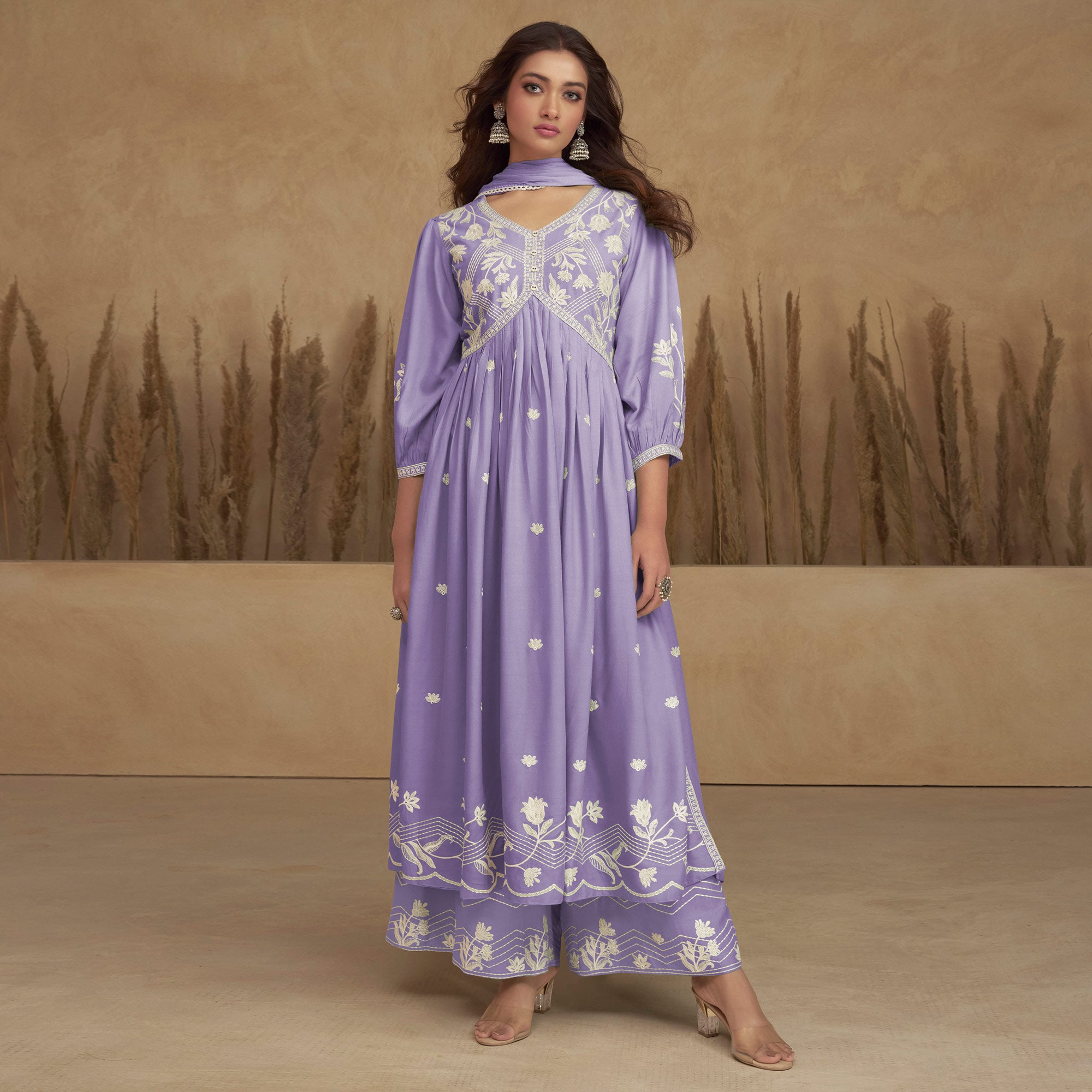 Light Purple Lucknowi Embroidered Rayon Alia Cut Suit