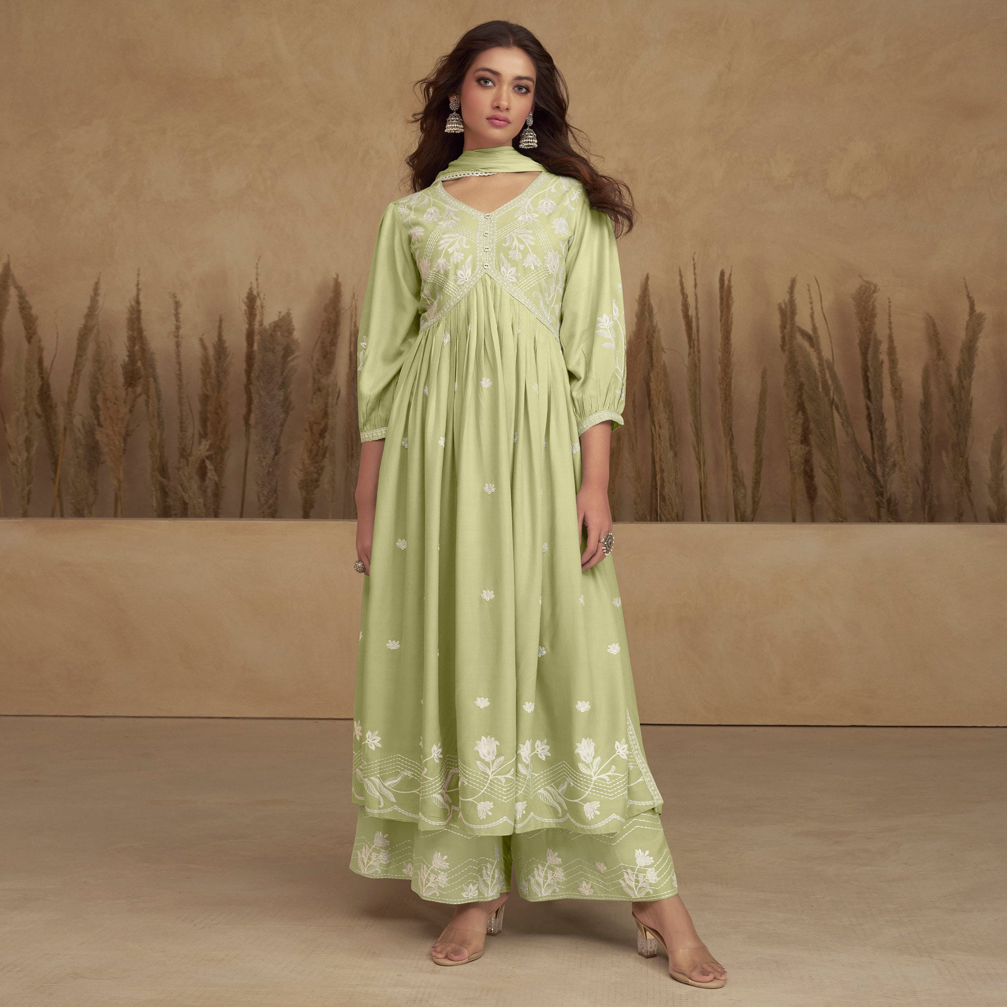 Green Lucknowi Embroidered Rayon Alia Cut Suit