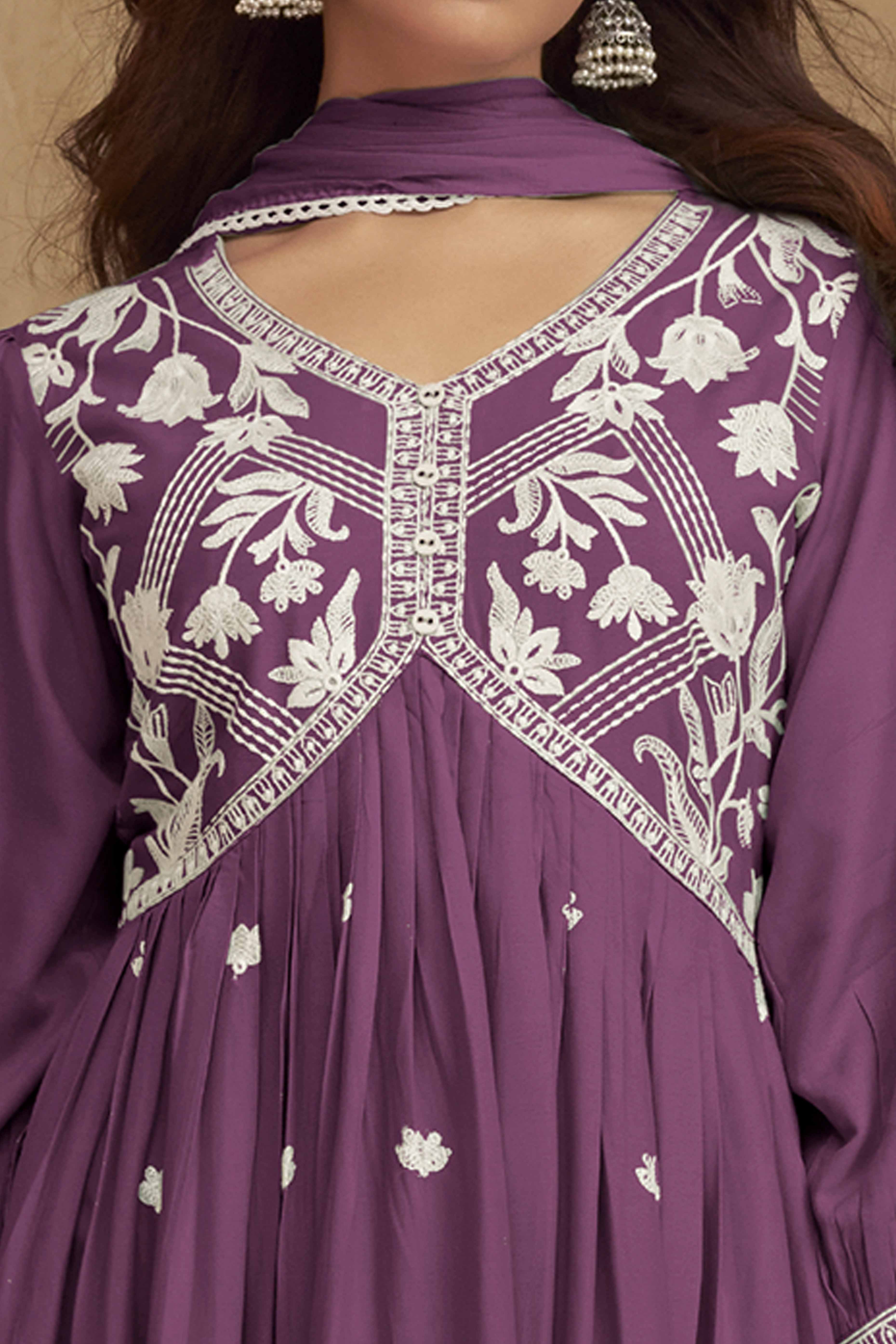 Dark Purple Alia Cut Rayon Suit with Classic Lucknowi Embroidery