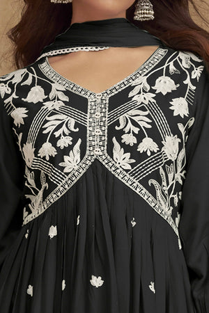 Black Alia Cut Rayon Suit with Classic Lucknowi Embroidery