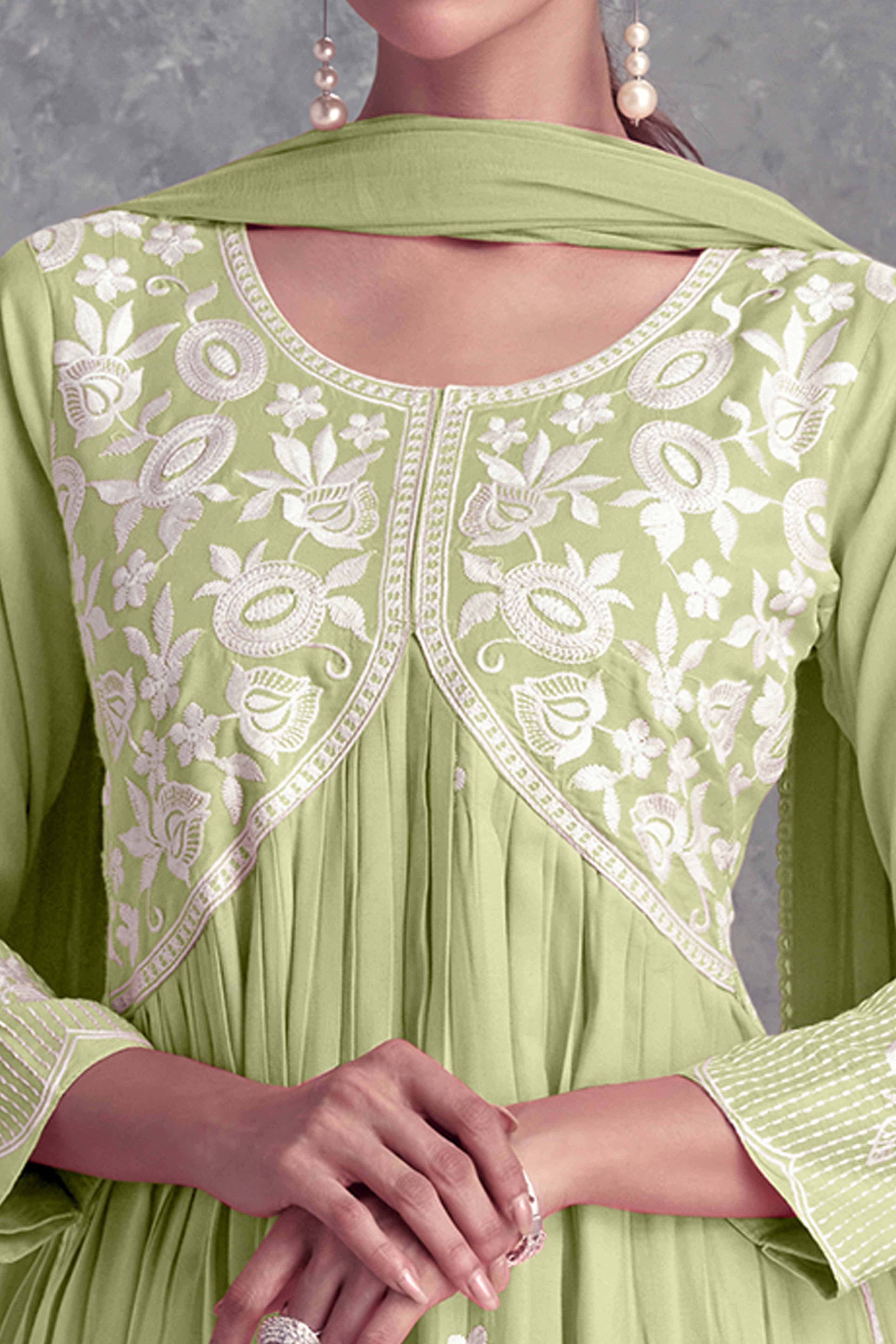 Floral Embroidered Pista Green Rayon A-Line Salwar Suit