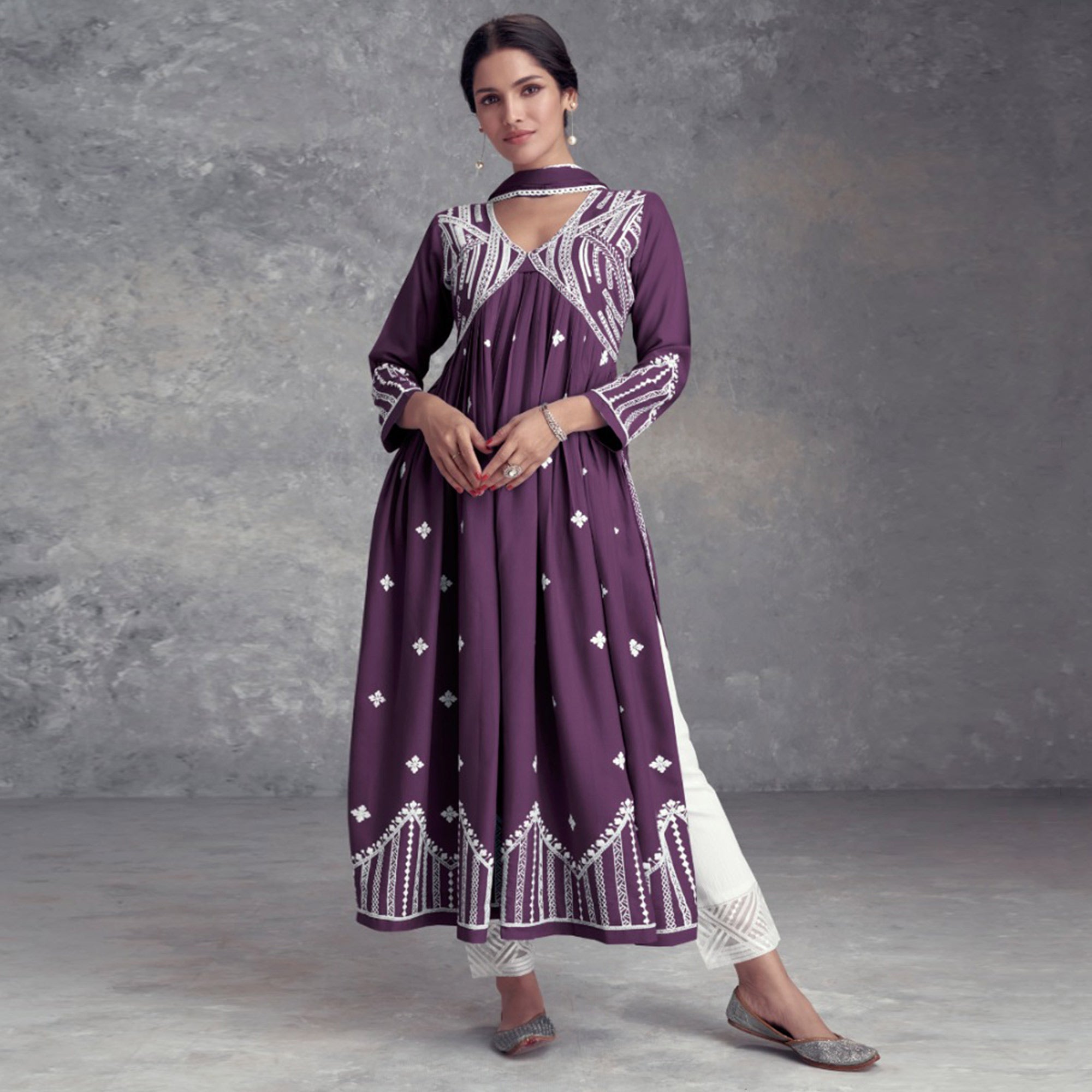 Wine Lucknowi Embroidered Rayon Naira Cut Suit