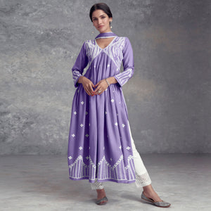 Light Purple Lucknowi Embroidered Rayon Naira Cut Suit