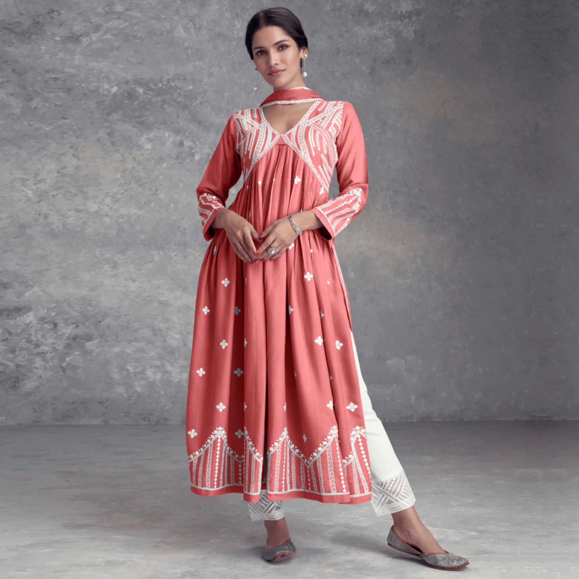 Peach Lucknowi Embroidered Rayon Naira Cut Suit