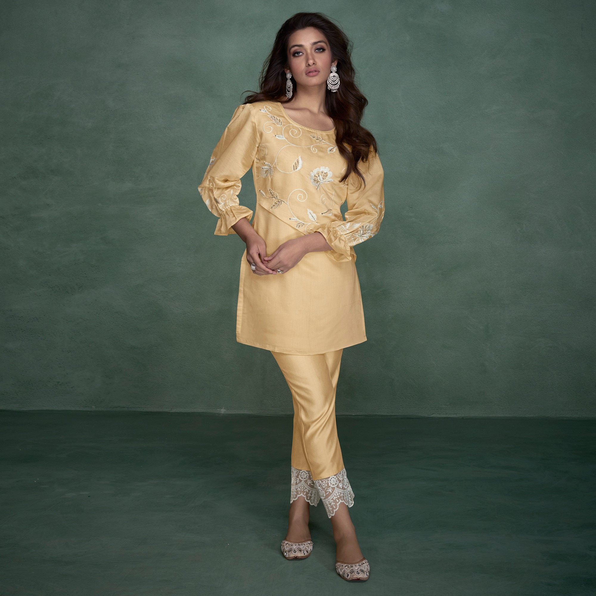 Yellow Floral Embroidered With Handwork Viscose Co Ord Set