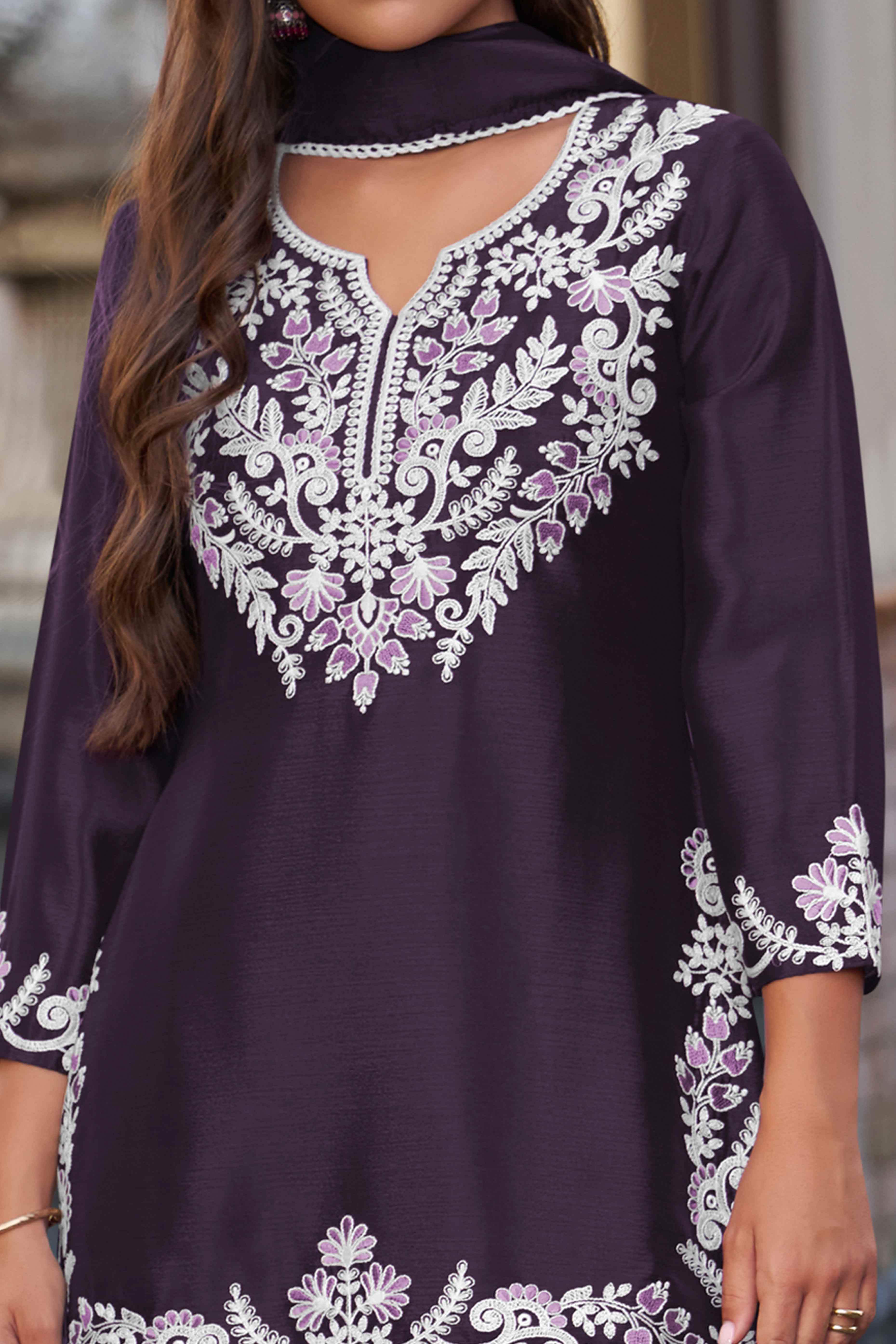 Elegant Dark Purple Chinon Sharara Suit with Intricate Floral Embroidery