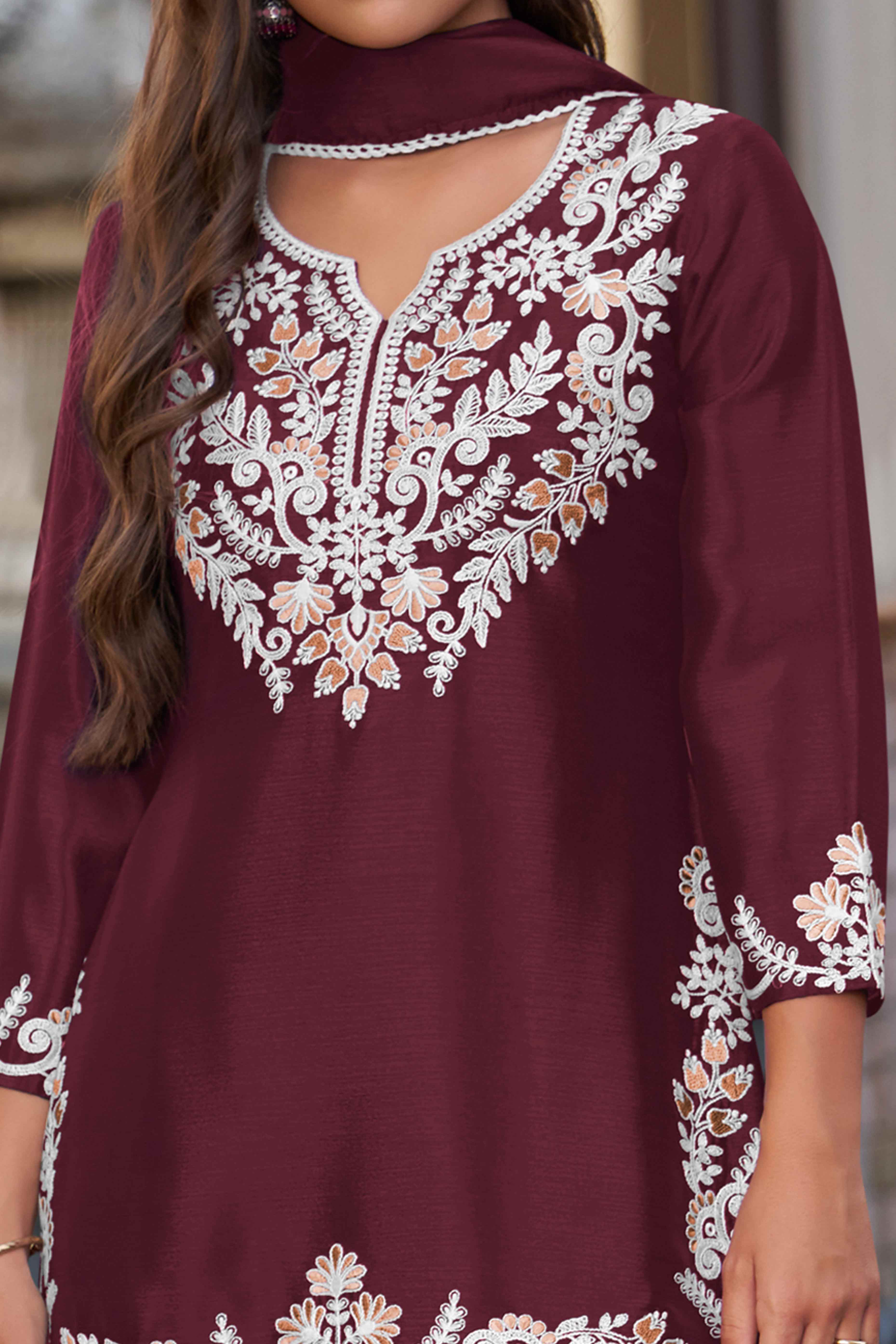 Elegant Maroon Chinon Sharara Suit with Intricate Floral Embroidery