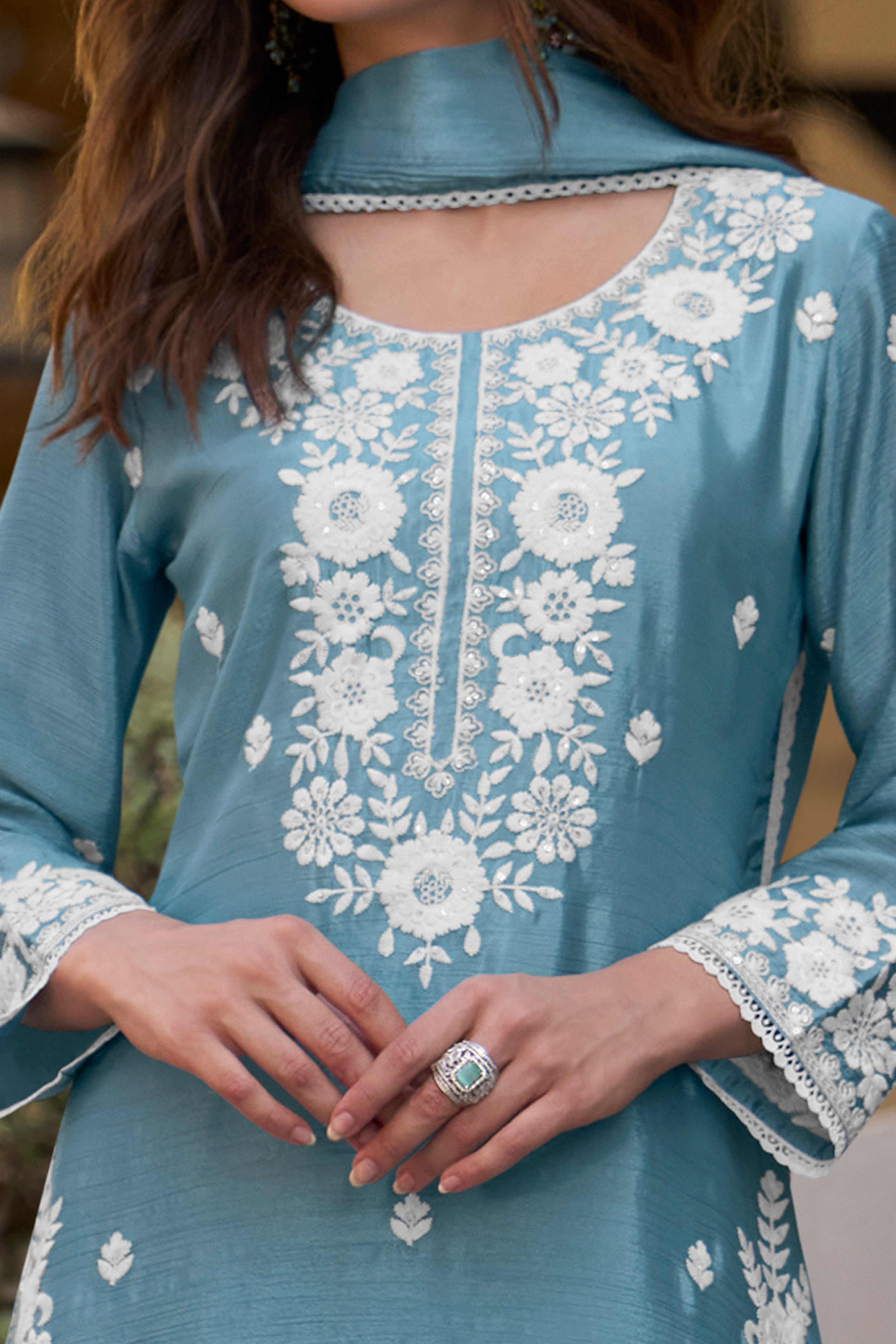 Sky Blue Floral Luxe Embroidered Chinon Sharara Suit