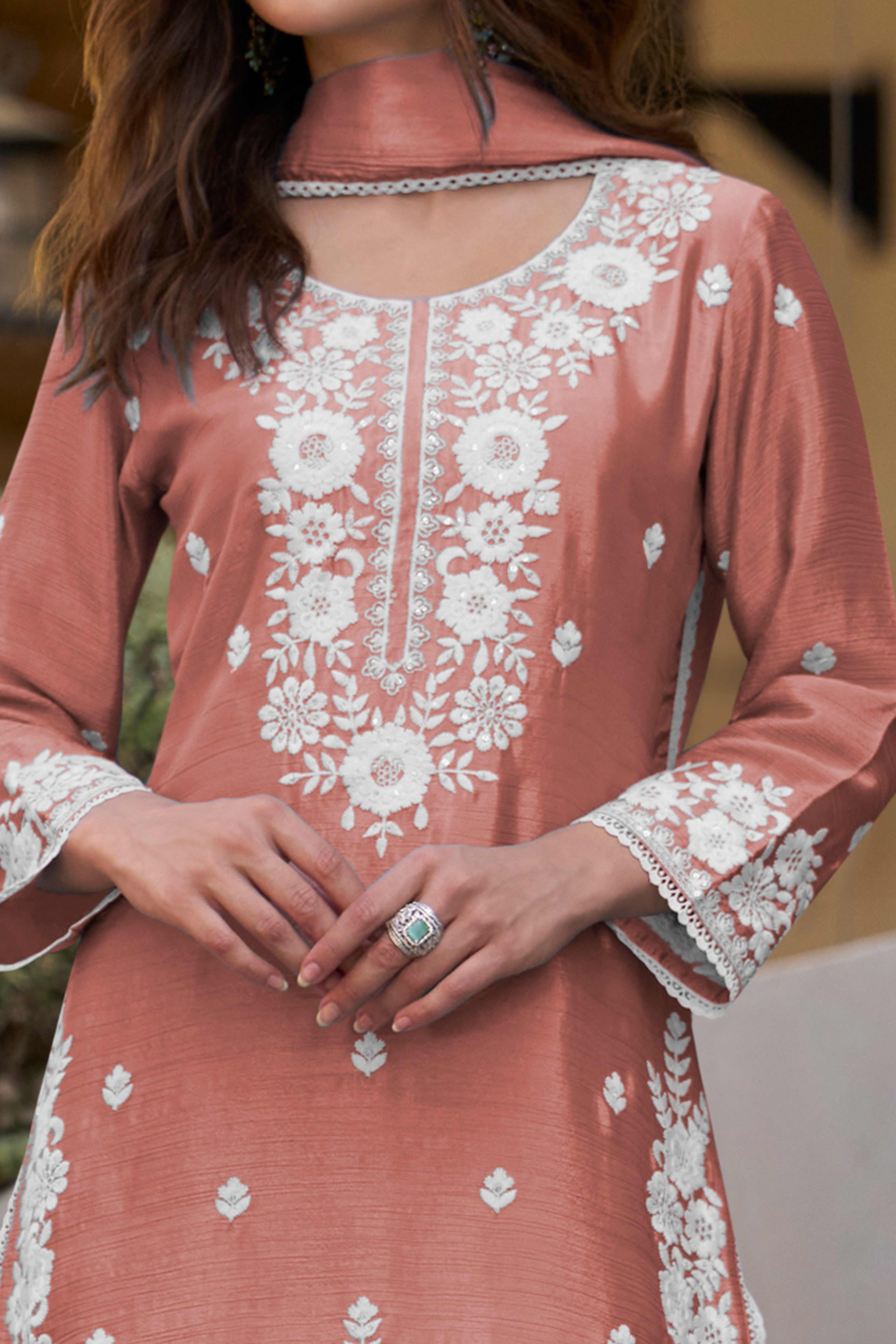 Rusty Brown Floral Luxe Embroidered Chinon Sharara Suit