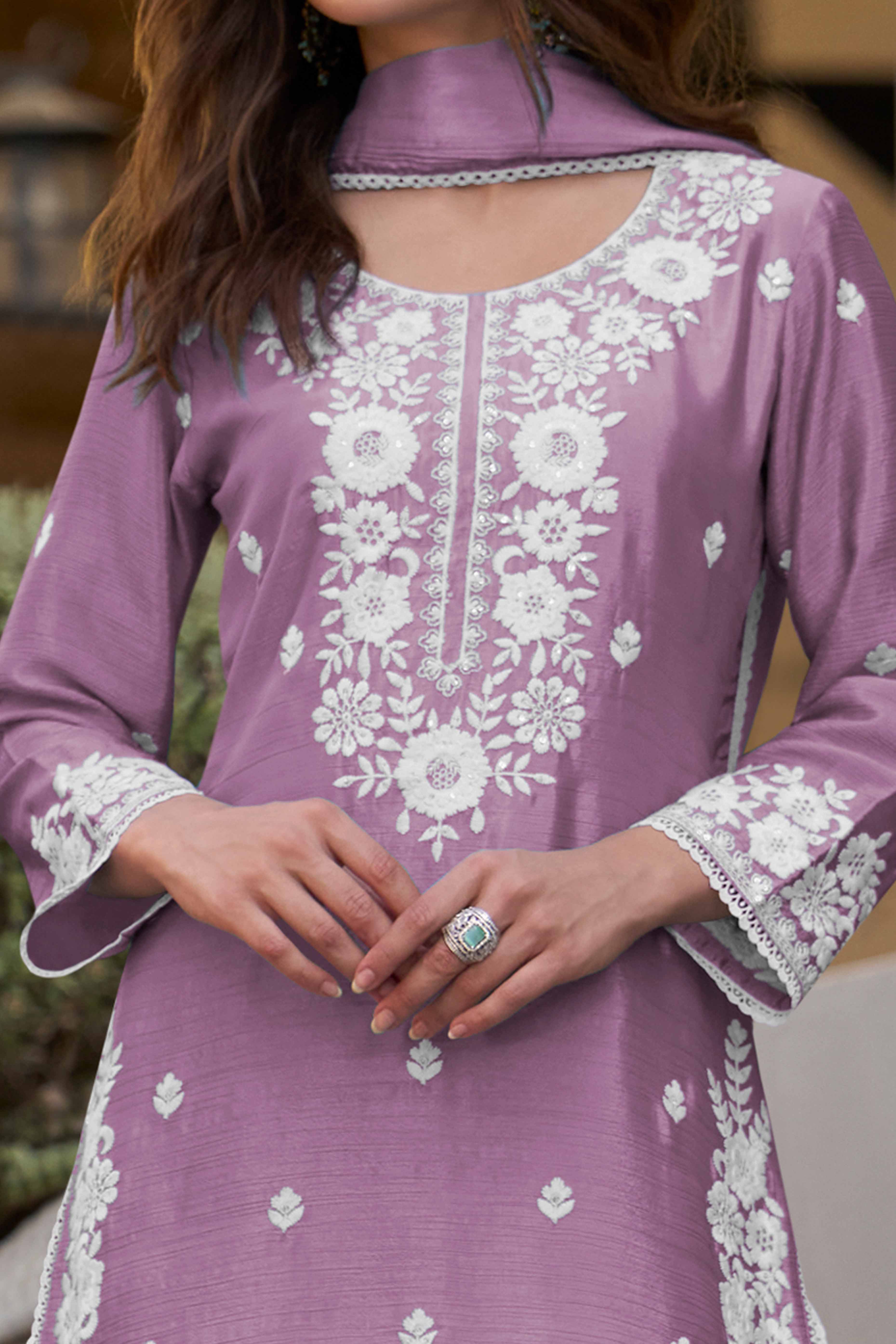 Purple Floral Luxe Embroidered Chinon Sharara Suit