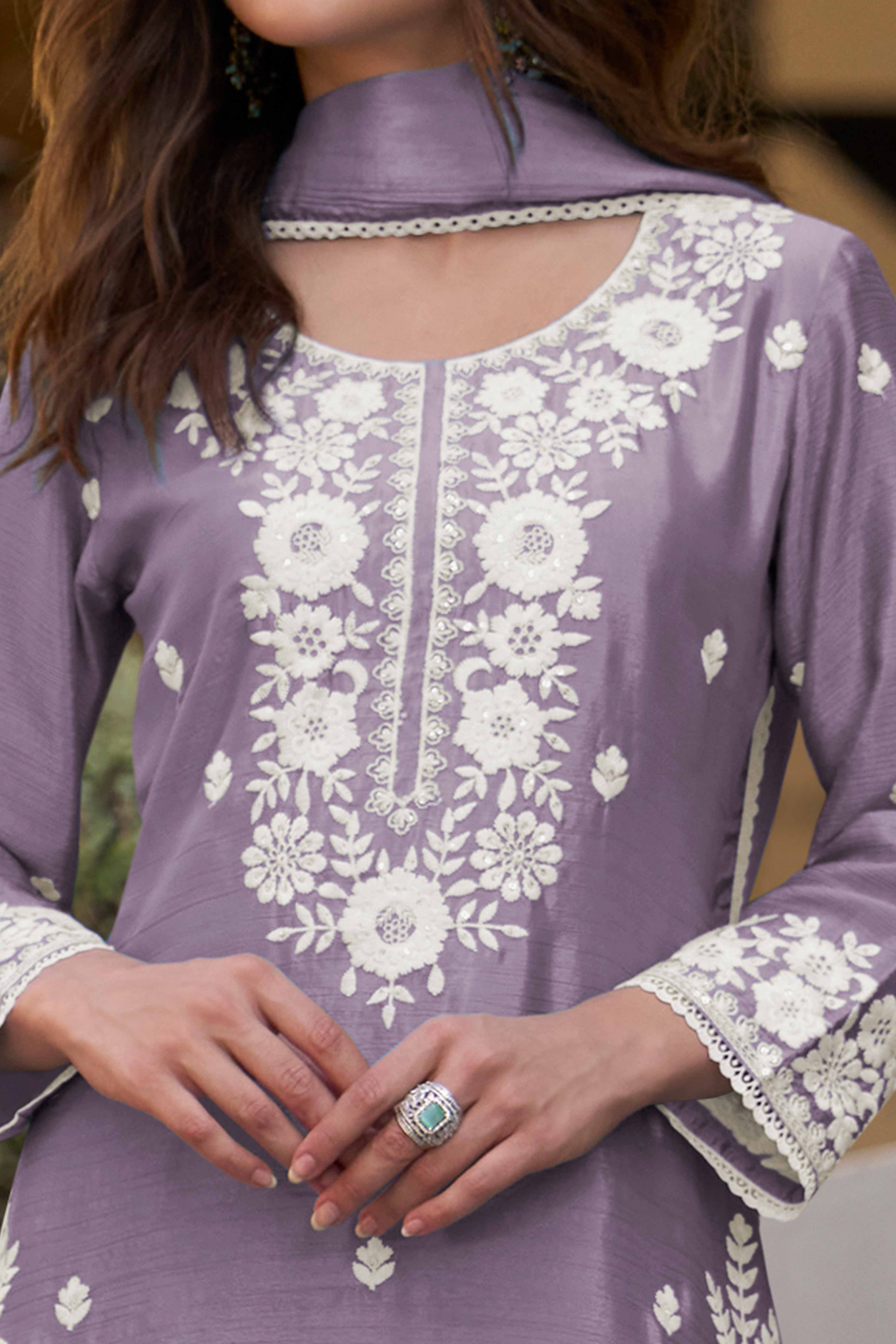 Lavender Chinon Sharara Outfit Featuring Heavy Floral Threadwork
