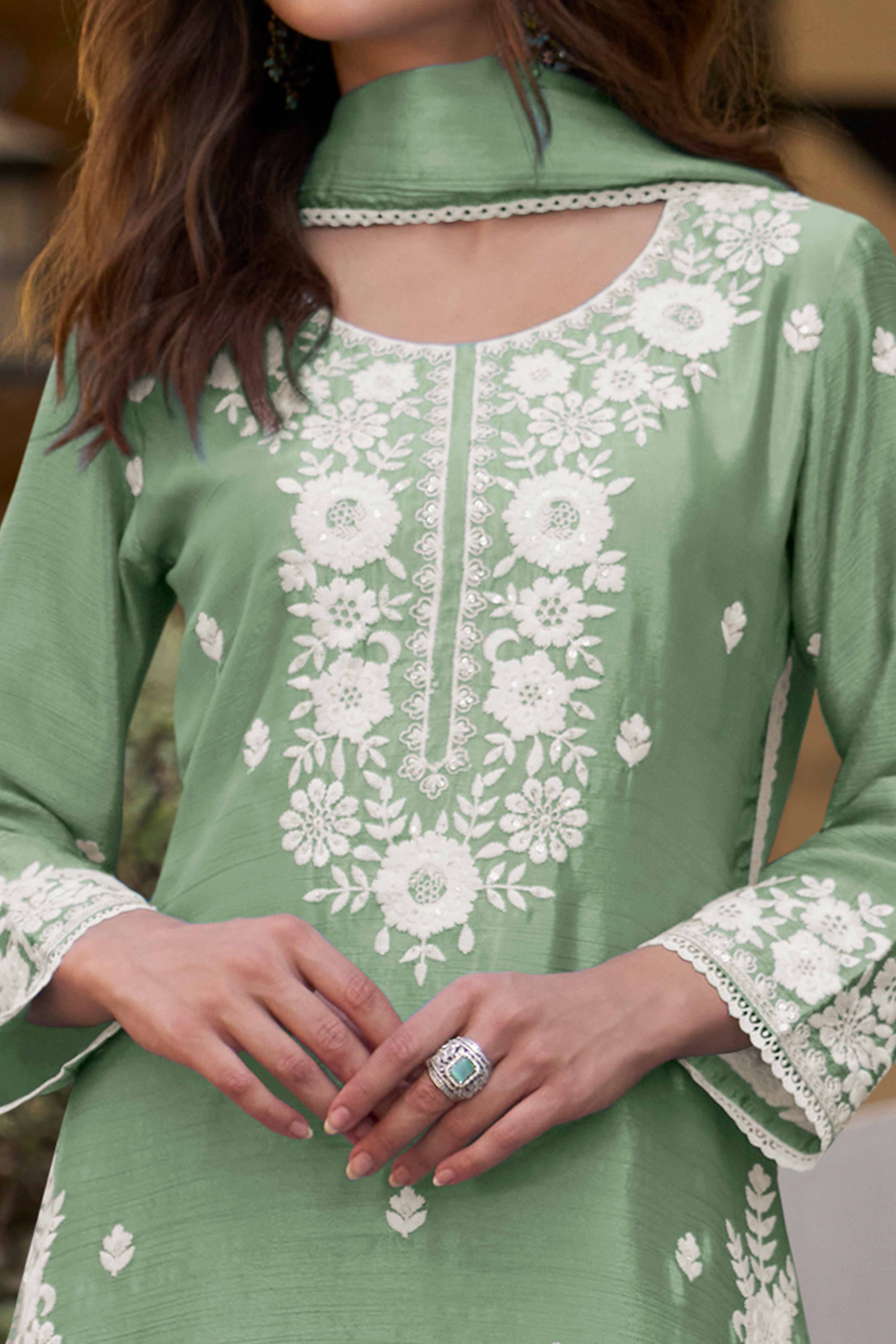 Pista Green Chinon Sharara Outfit Featuring Heavy Floral Threadwork