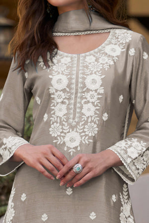 Beige Chinon Sharara Outfit Featuring Heavy Floral Threadwork