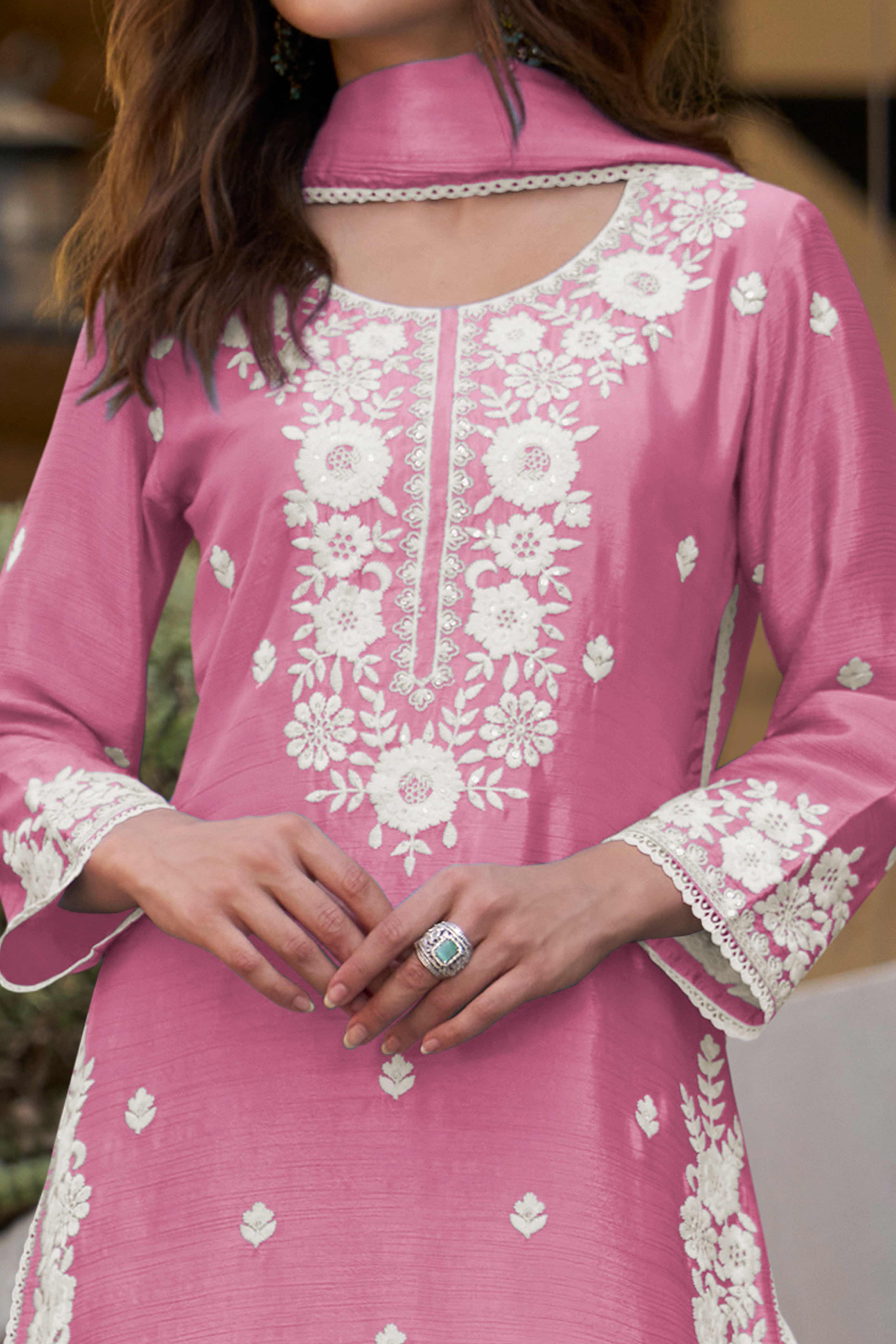Pink Chinon Sharara Outfit Featuring Heavy Floral Threadwork