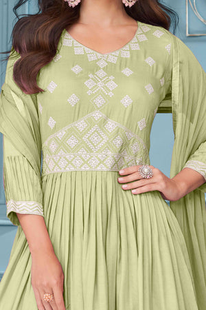 Light Green Floral Embroidered Rayon Palazzo Suit