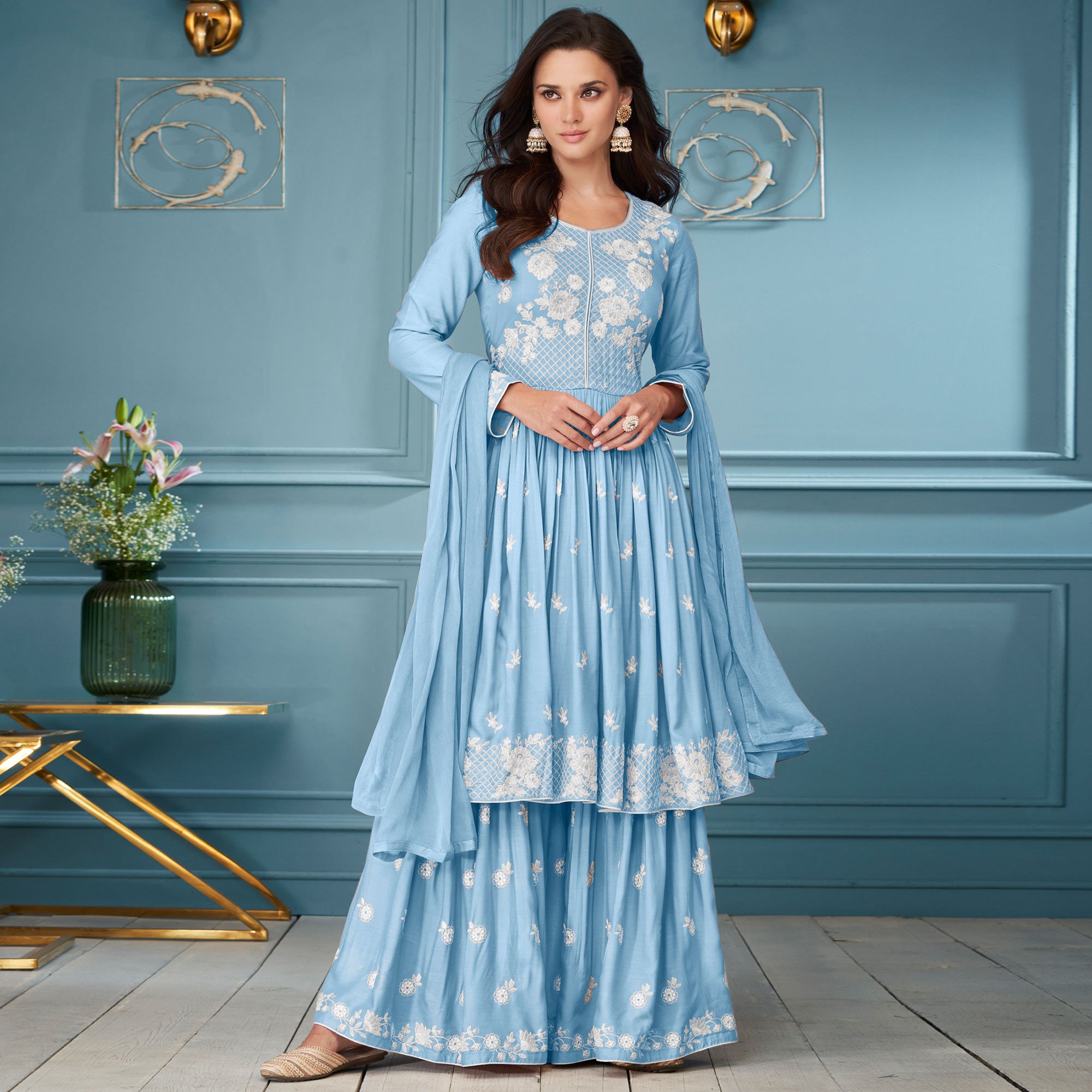 Blue Lucknowi Embroidered Rayon Palazzo Suit