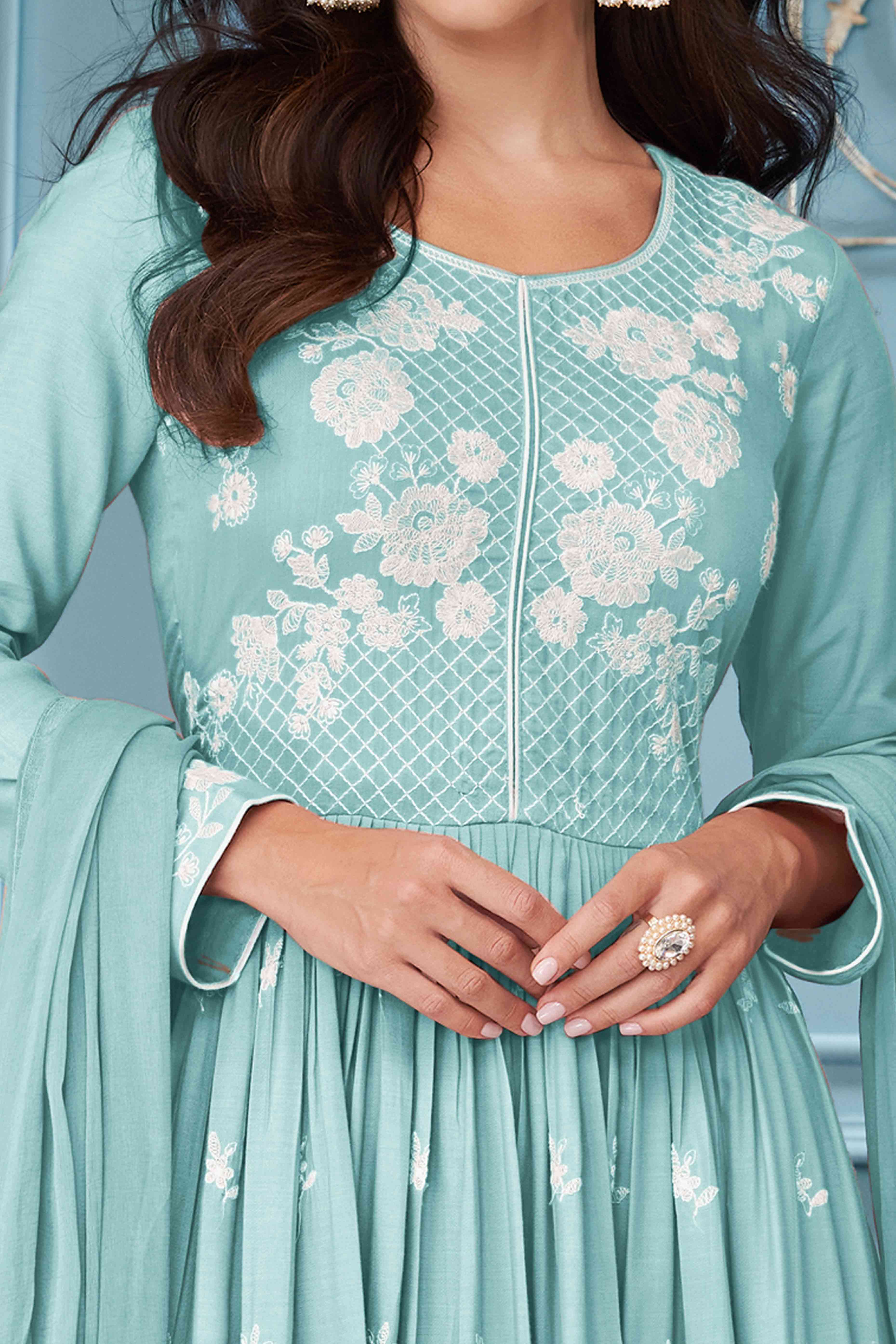 Turquoise Lucknowi Embroidered Rayon Palazzo Suit