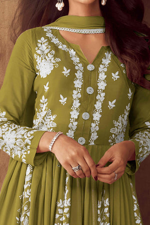 Green Lucknowi Embroidered Rayon Palazzo Suit