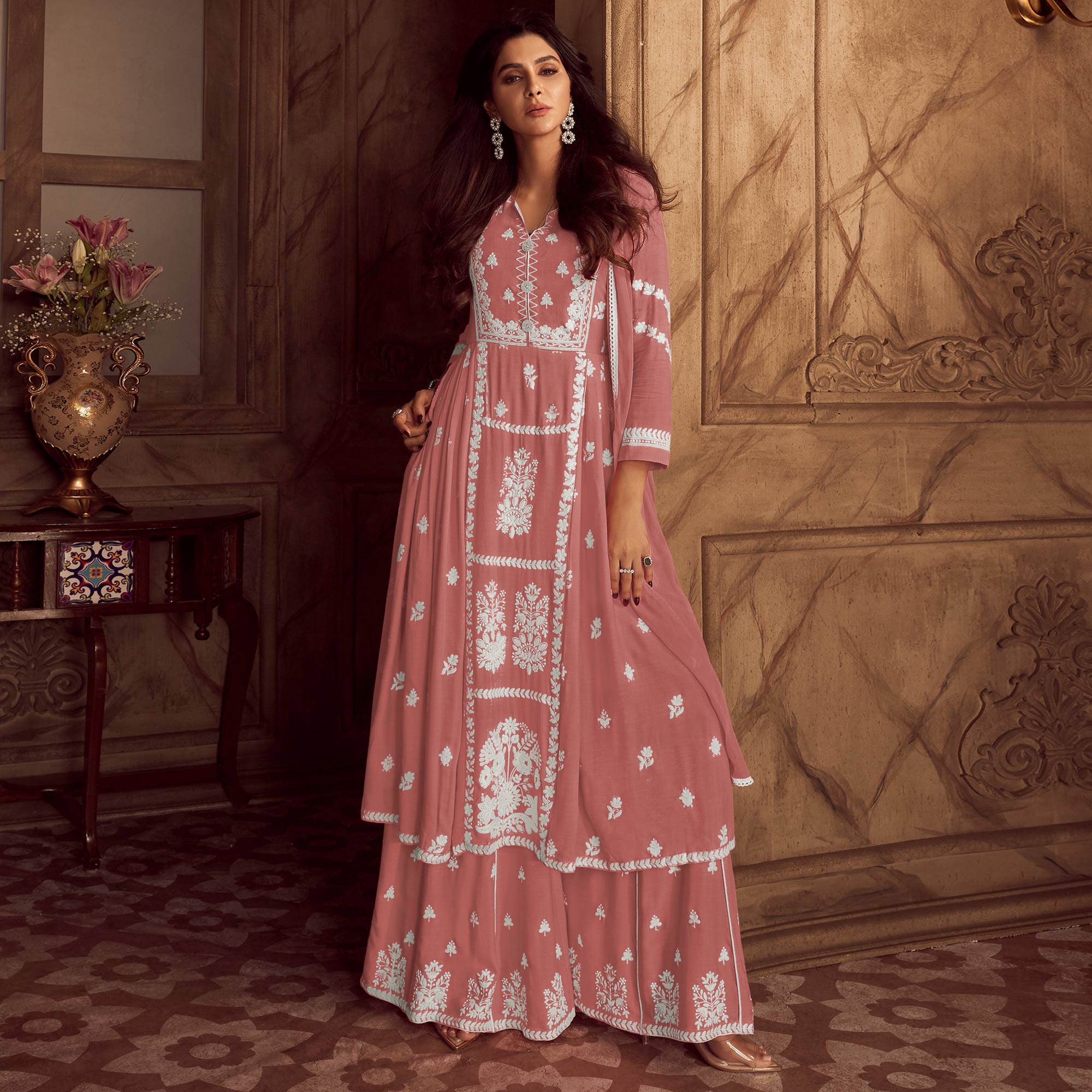 Peach Lucknowi Embroidered Rayon Palazzo Suit