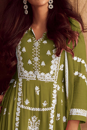 Elegant Green Lucknowi Embroidered Rayon Suit with Palazzo