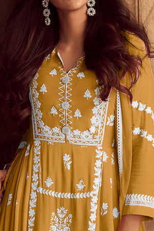 Elegant Mustard Lucknowi Embroidered Rayon Suit with Palazzo